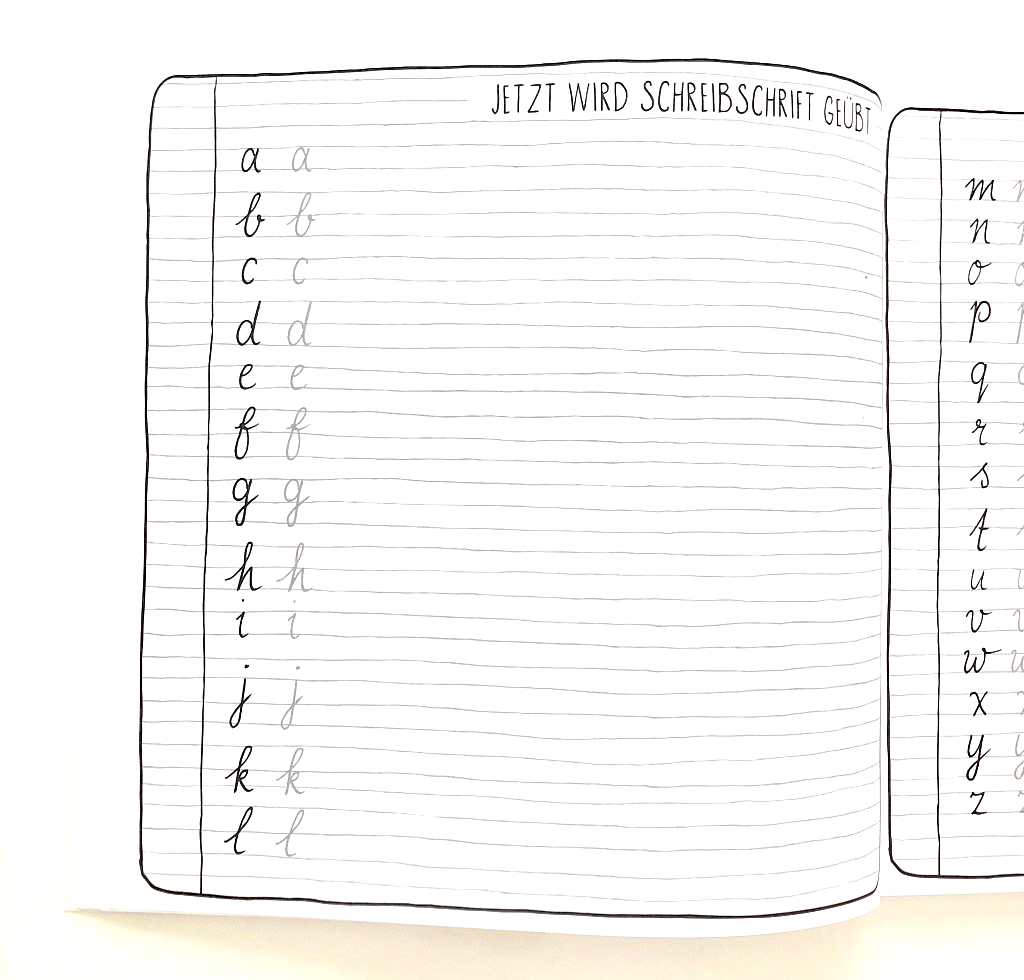 Vorlage zum Schreibschrift üben. Einzelne Kleinbuchstaben dienen als Vorlage, daneben ist Freiraum zum Üben im Buch.