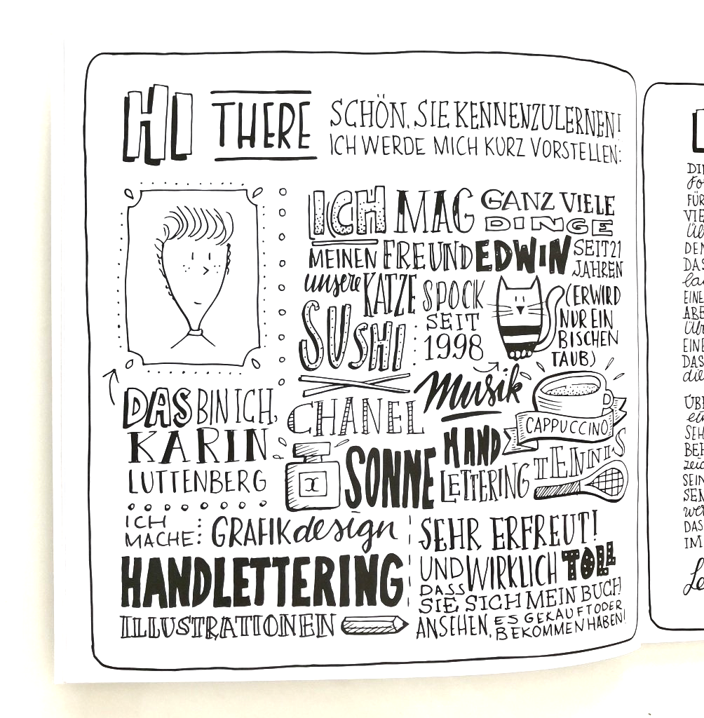 Wer bist du? Eine Seite gefüllt mit Wörter über Vorlieben und Hobbys . Schwarze Handletterings auf weißem Papier. Die Buchstaben sind verziert.