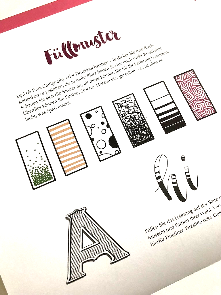 Beispiele für Buchstaben-Füllungen bzw. Verzierungen im Handlettering-Stil. Viereckige Kästchen beinhalten Muster aus Strichen, Kreisen, Punkten.