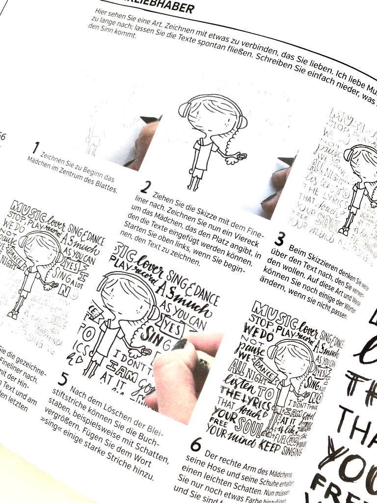 Sechs hingezeichnete Quadrat-Entwürfe zeigen zunächst ein von Hand illustriertes Mädchen. Auf jedem weiteren Bild ist der Leerraum Schritt für Schritt mit Wörtern befüllt.