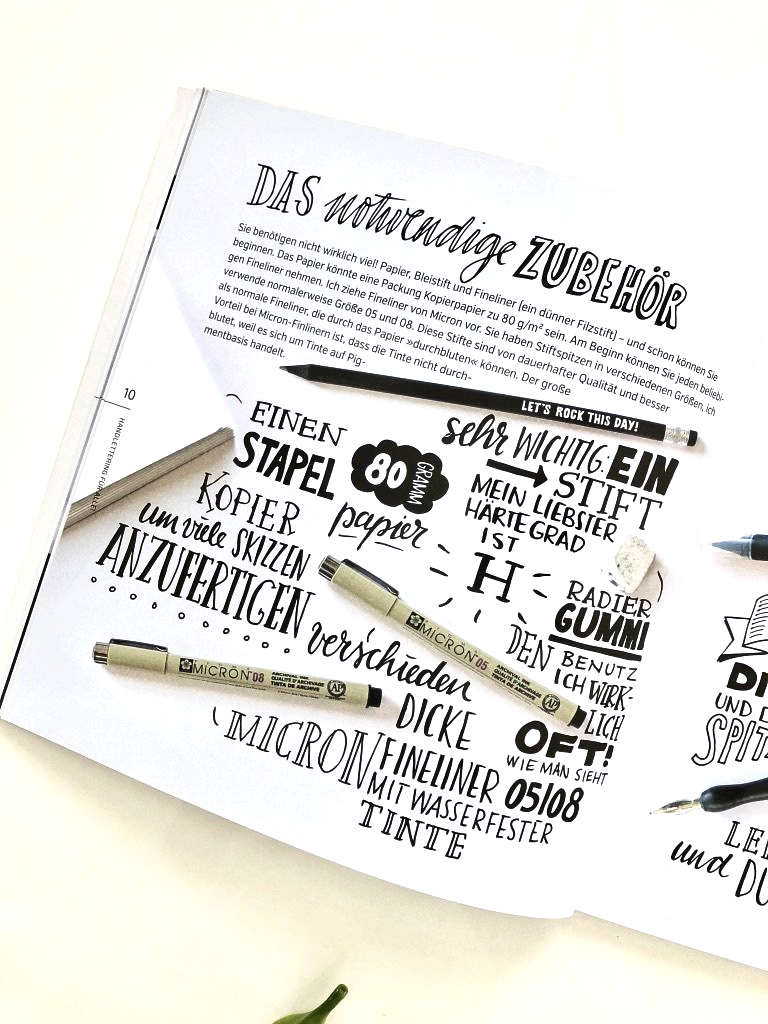 Was benötigt man für das Handlettering lernen? Auf dem Bild sind Pigma Micron Stifte, Bleistift, Brushpen und Kalligrafie-Feder abgebildet. Handschriftlich geschriebene Notizen zählen die Materialien zum lettern auf. Z.B. Kopierpapier, Radiergummi, Fineliner und Co.
