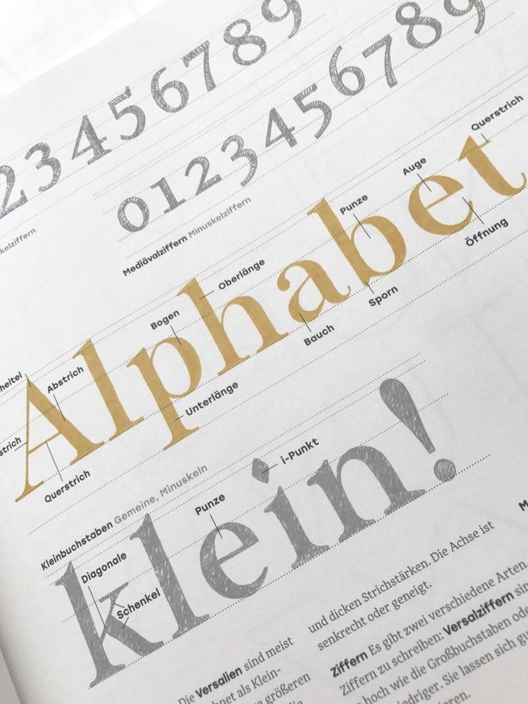 Anhand von Zahlen und Buchstaben zeigt Chris Campe in ihrem Buch Handbuch Handlettering die Anatomie der Buchstaben und erklärt Begriffe wie Unterlänge, Oberlänge, Grundlinie, Ligatur, Buchstabenschenkel usw.