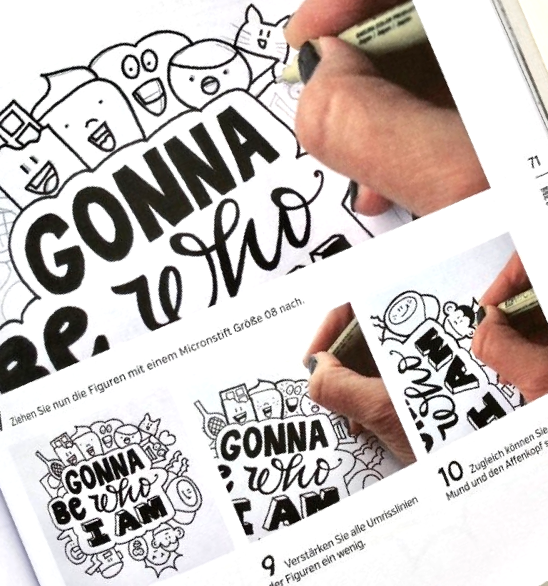 Comic-Illustration in Kombination mit Handlettering. Schwarze Illustration und schwarze Schrift.