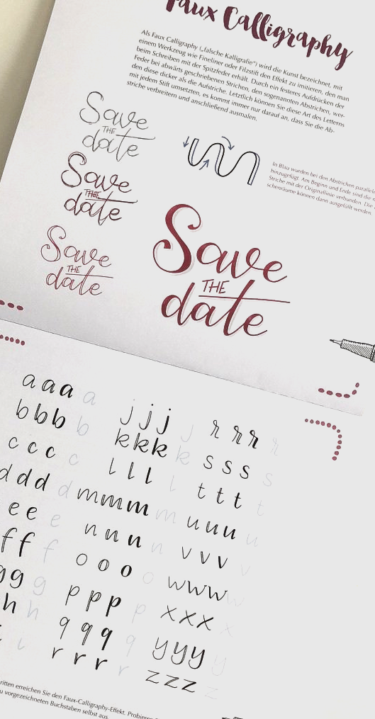 Save the date. Dieser Schriftzug veranschaulicht, wie die Faux-Calligraphy angewendet wird (falsche Kalligrafie).