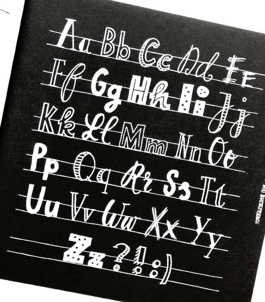 Hangezeichnetes Alphabet in weißer Schrift auf schwarzem Hintergrund. Die Buchstaben sind von Hand illustriert und mit Handlettering-Schmuckelementen verziert. Manche Buchstaben sind ausgemalt, manche haben Punkte, Streifen, Blümchen und Muster. Bild aus Handlettering für alle! von Karin Luttenberg