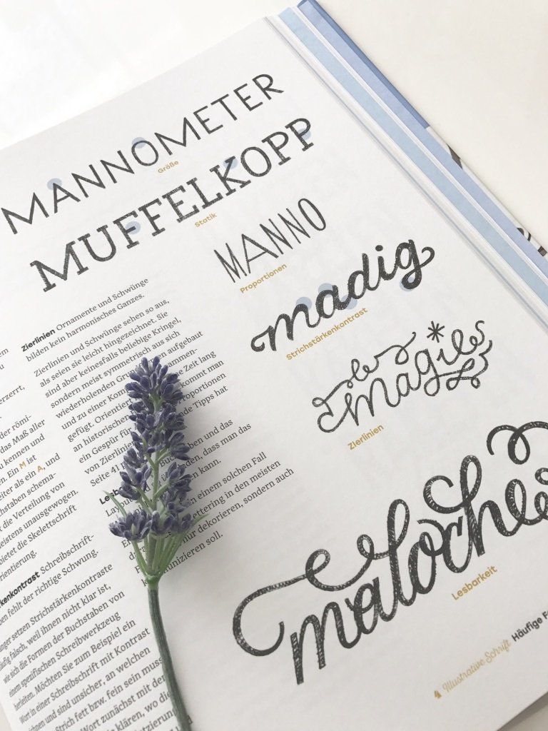 Verschiedene Wörter mit dem Buchstaben M beginnend. Chris Campe verdeutlicht unterschiedliche Schriften und wie sie wirken. Bild aus Handbuch Handlettering von Chris Campe.