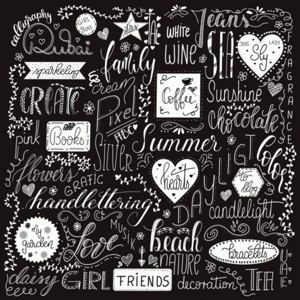 Kreide-Lettering. Das liebste von Feinrosa. Chalk-Lettering von Feinrosa. Auf schwarzem Tafeluntergrund mit weißer Kreide geletterte Lieblings-Worte, Orte, Hobbys, Blümchen, Heren und Handlettering-Schmuckelemente.