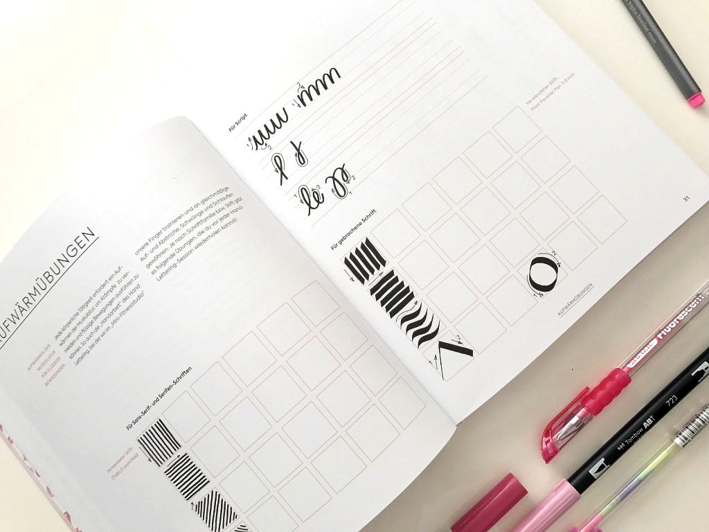 Handlettering-Aufwärmübungen. Kleine Kästchen sind mit einzelnen Strichübungen gefüllt. Buchstaben-Aufstriche sind mit weniger Druck auf die Pinselspitze gezeichnet, so sind die Linien entsprechend fein. Buchstaben-Abstriche, sind mit mehr Druck auf die Pinselspitze geschrieben, so dass diese Buchstaben-Linien breiter sind.