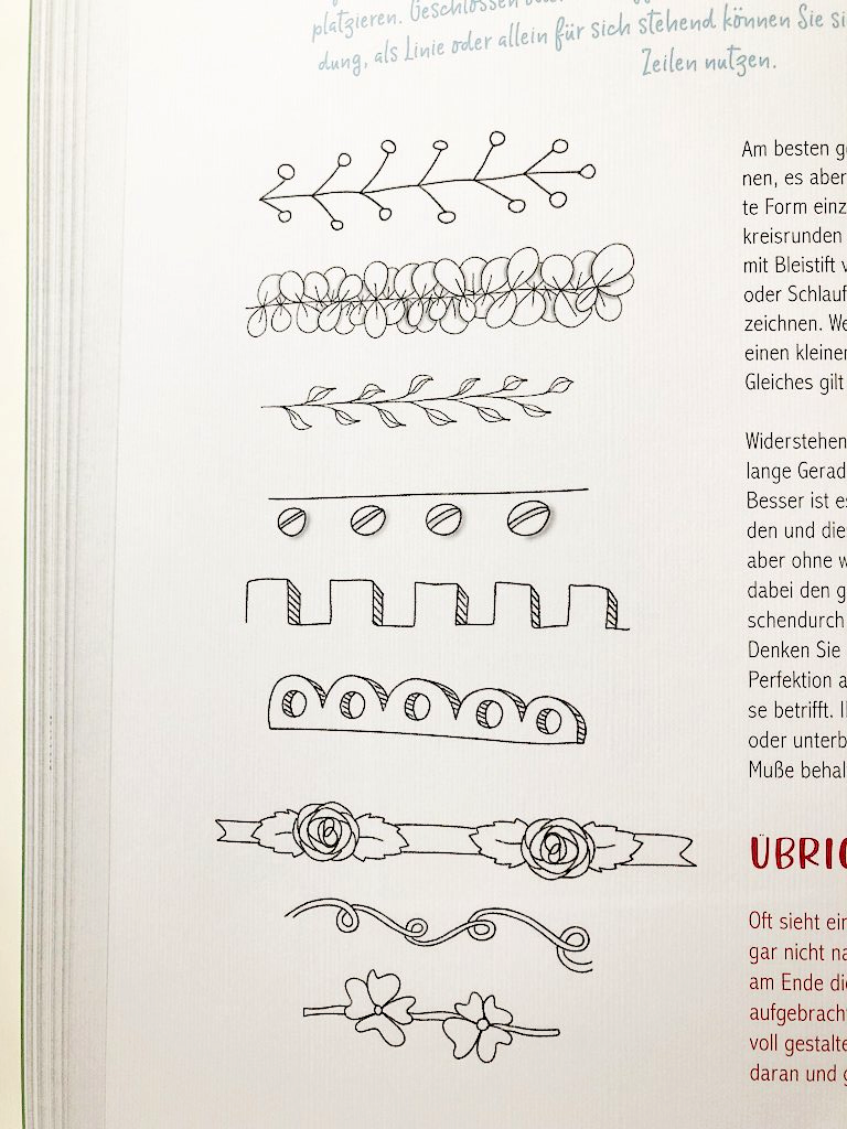 Handlettering-Verzierungen. Rahmen-Muster als Umrandung für ein Handlettering. Handgezeichnete Elemente, wie Blätter- und Blumenranken, geometrische Muster, ägyptische Muster.