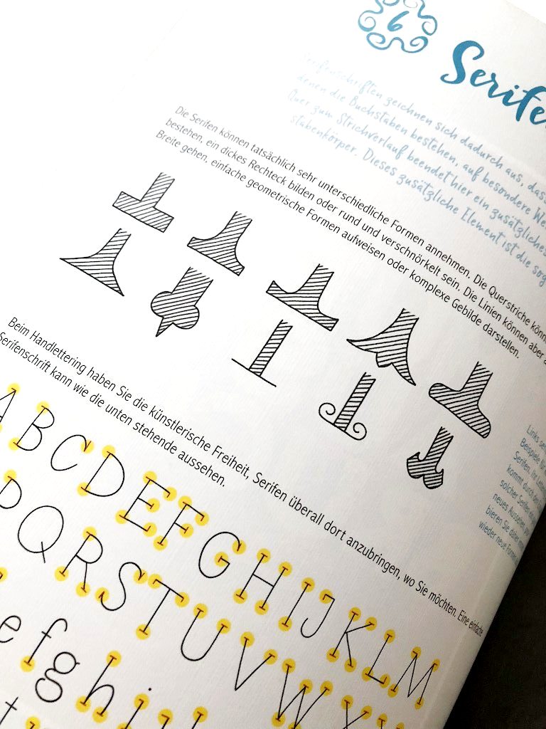 Beispiele für handgezeichnete Serifen, für unterschiedliche Schreibstile und Buchstaben-Variationen. Die Serifen sind in ihrer Form unterschiedlich und wirken entsprechend differenziert. Von eckig über rund bis schnörkelig.