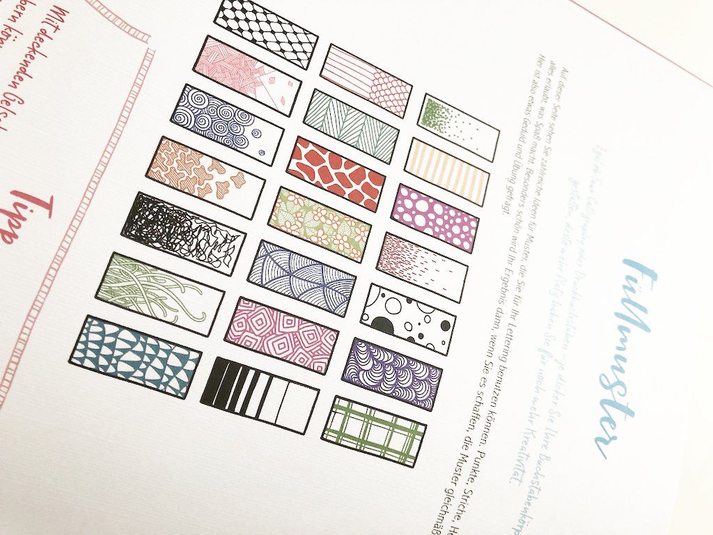 21 Muster zur Handlettering-Buchstaben-Füllung. Kreise, Karomuster, Zentangle-Design, Striche, Punkte, Blätter und Blumen.