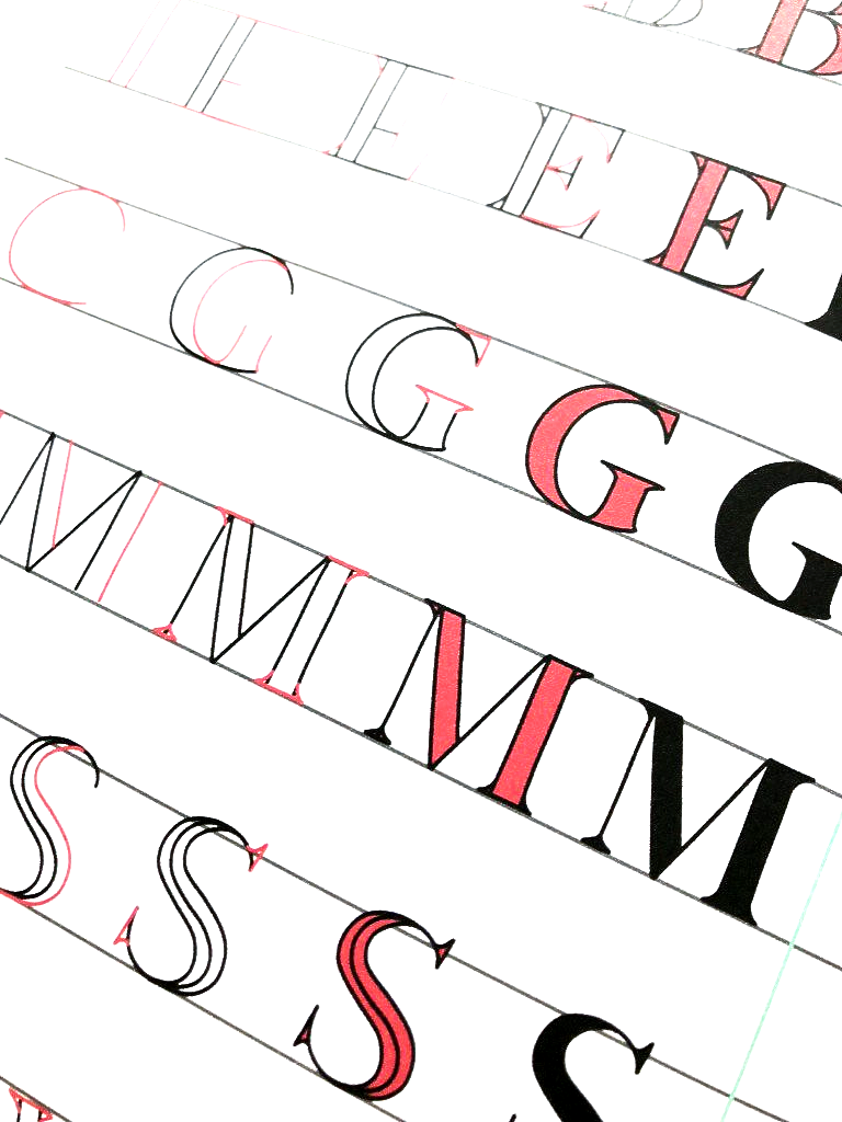 Handlettering. Großbuchstaben von Hand gezeichnet. Teils sind die Flächen mit Farben wie rot und schwarz gefüllt und mit einem Streifen-Muster verziert.