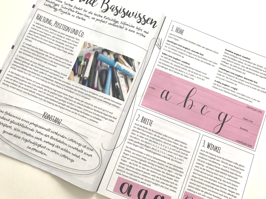Das Basiswissen zum Handlettering lernen wird anhand von Beispielbuchstaben, die auf der Grundlinie platziert sind veranschaulicht. Das Bild zeigt viel Theorie-Text zum Handlettering lernen.