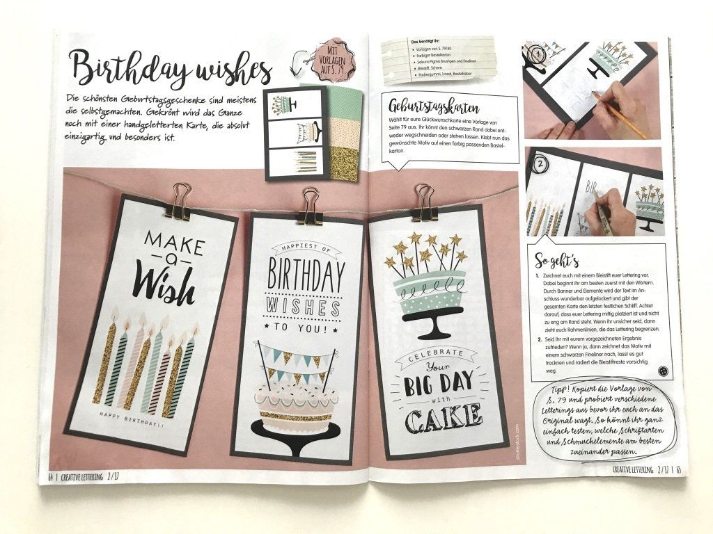 DIY Geburtstagskarten mit Handlettering und Illustrationen, wie Kuchen mit Girlande und Fähnchen, Sternchen und Mustern.