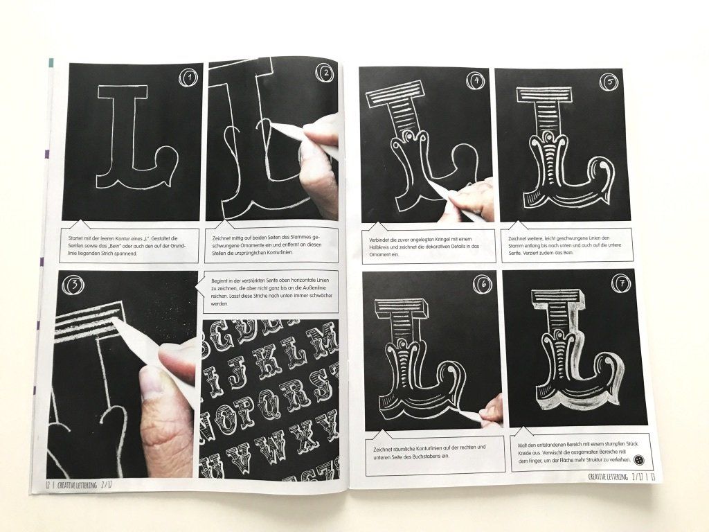 Kreide-Lettering. Der Buchstabe L in weißer Schrift aus Kreise auf einem schwarzen Hintergrund. Schritt für Schritt, Bild für Bild erhält dieser Großbuchstabe Serifen, Schnörkel und Verzierungen.