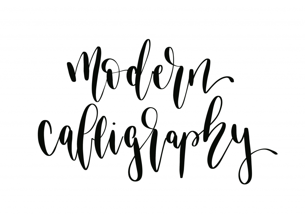 Moderne Kalligrafie Feinrosa Handlettering. Schwarzer Brush-Lettering-Schriftzug „modern calligraphy“ im Stil moderner Kalligrafie. Die feineren Buchstaben-Aufstriche und die breiteren Buchstaben-Abstriche veranschaulichen den Handlettering-Stil „modern Calligraphy“.