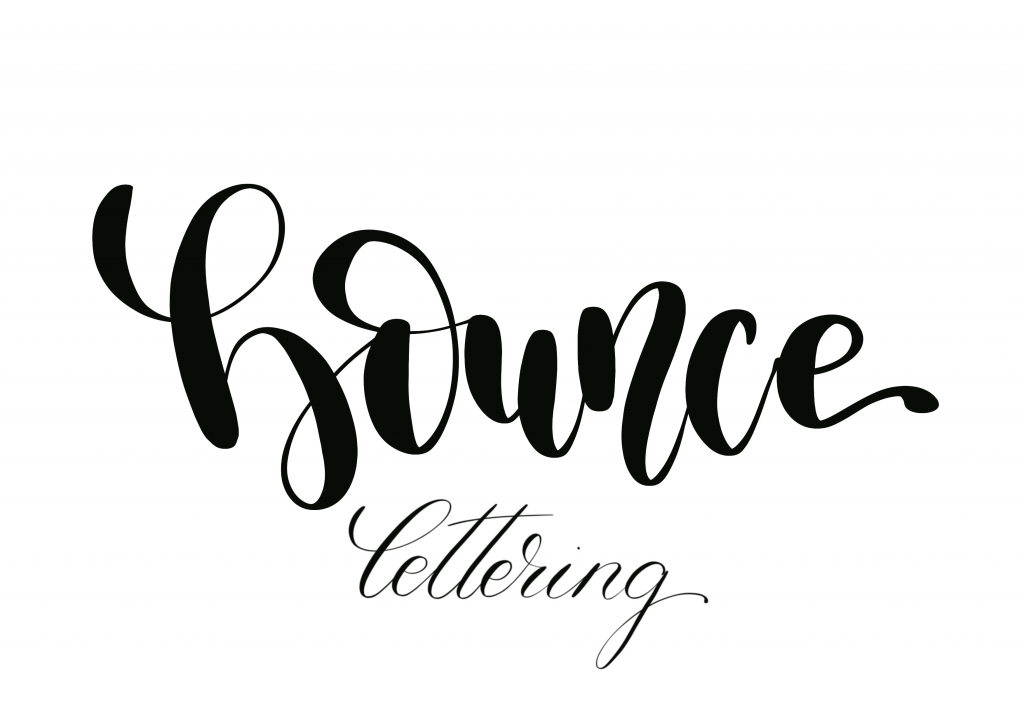 Tanzende Buchstaben Feinrosa Handlettering. Schwarzer Brush-Lettering-Schriftzug „bounce lettering“ im Stil moderner Kalligrafie. Die feineren Buchstaben-Aufstriche und die breiteren Buchstaben-Abstriche veranschaulichen den Handlettering-Stil „bunce lettering“, bei denen die Buchstaben scheinbar tanzen.