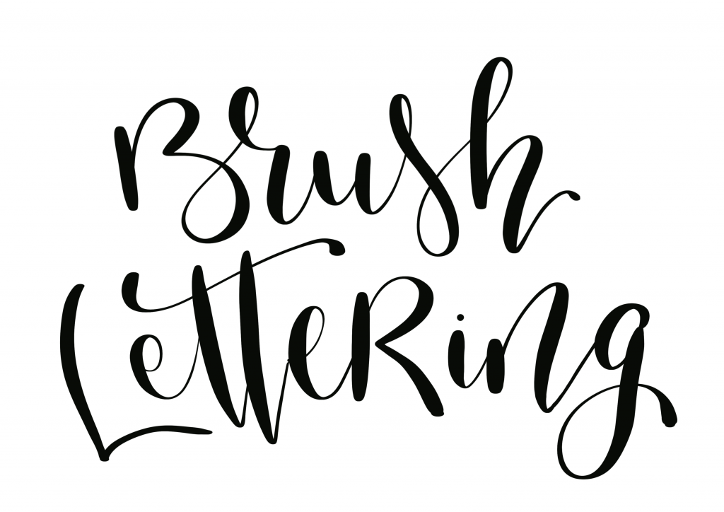 Brush-Lettering: Kombination aus Groß- und Kleinbuchstaben, innerhalb des Wortes. Feinrosa Handlettering. Schwarzer Brush-Lettering-Schriftzug „Brush-Lettering“ im Stil moderner Kalligrafie. Die feineren Buchstaben-Aufstriche und die breiteren Buchstaben-Abstriche veranschaulichen den Handlettering-Stil „Kalligrafie“. Groß- und Kleinbuchstaben, innerhalb des Wortes, lockern das Schriftbild auf.