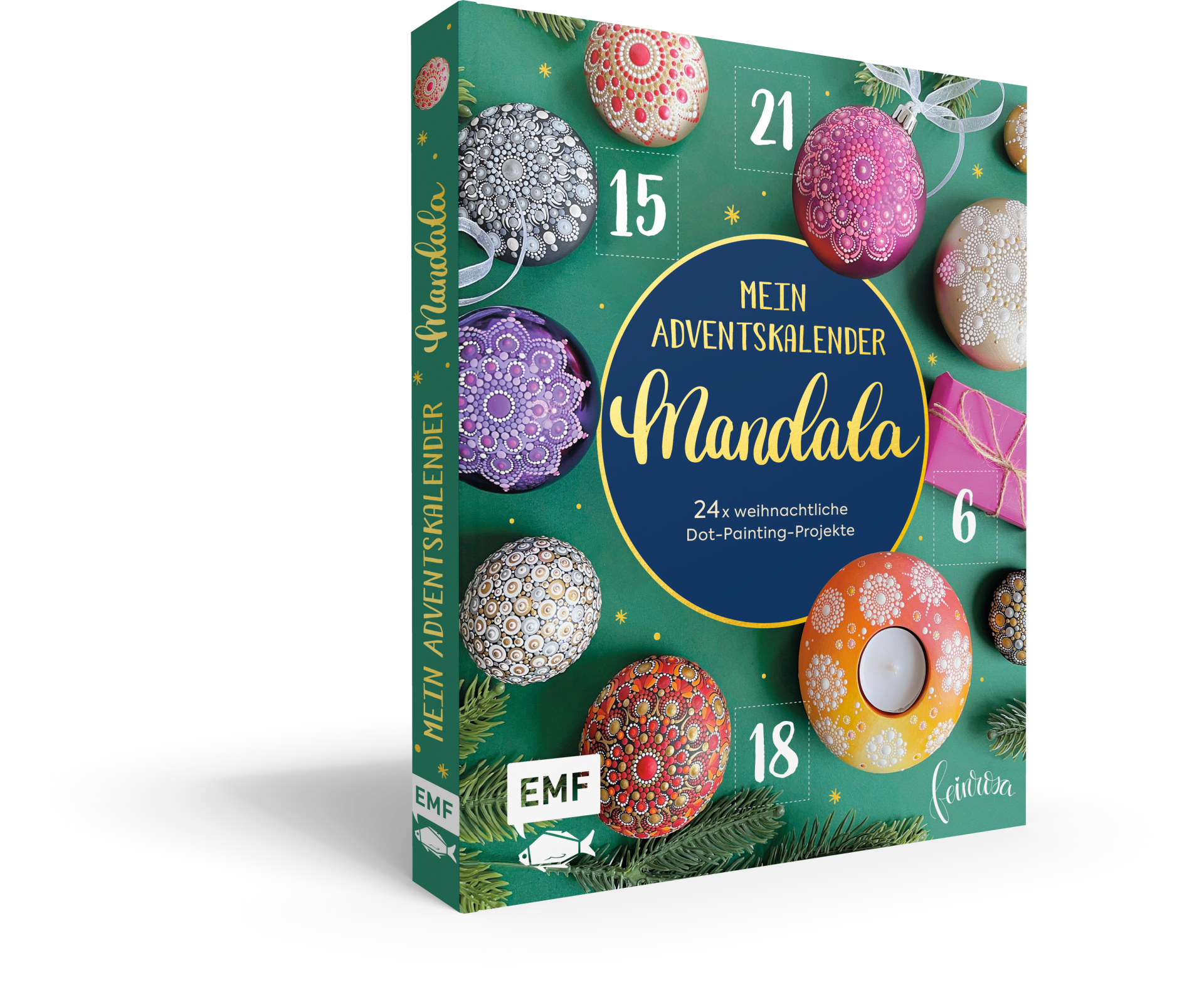 Mein Adventskalenderbuch Mandala. 24 x weihnachtliche Dot-Painting-Projekte, Autor Anja Gries, ©Feinrosa Mein Adventskalenderbuch Mandala. 24x Dot-Painting-Projekte. EMF Verlag. Autorin Anja Gries, Mandala-Künstlerin ©feinrosa. Dot-Painting-Anleitungen mit Vorlagen, Schritt für Schritt Anleitungen. Mandala-Steine-Malen lernen. Punktmalerei für Anfänger.