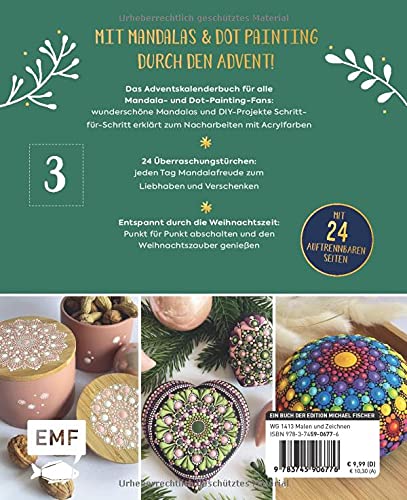 Mein Adventskalenderbuch Mandala. 24x Dot-Painting-Projekte. EMF Verlag. Autorin Anja Gries, Mandala-Künstlerin ©feinrosa. Dot-Painting-Anleitungen mit Vorlagen, Schritt für Schritt Anleitungen. Mandala-Steine-Malen lernen. Punktmalerei für Anfänger. Rückseite des Buchs. ©emf verlag