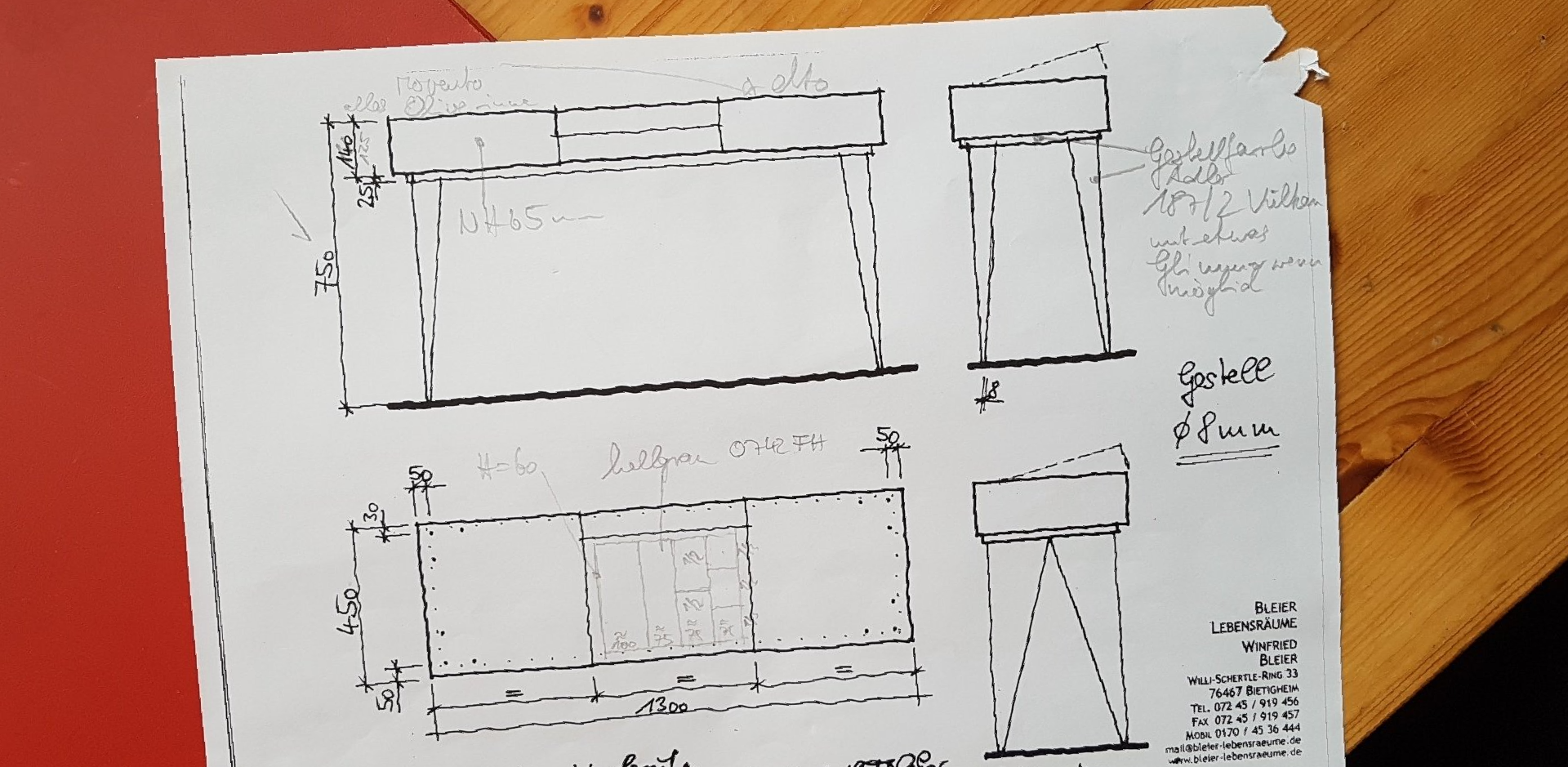 Schreiner-Skizze von einem Tisch von BLEIER Lebensräume