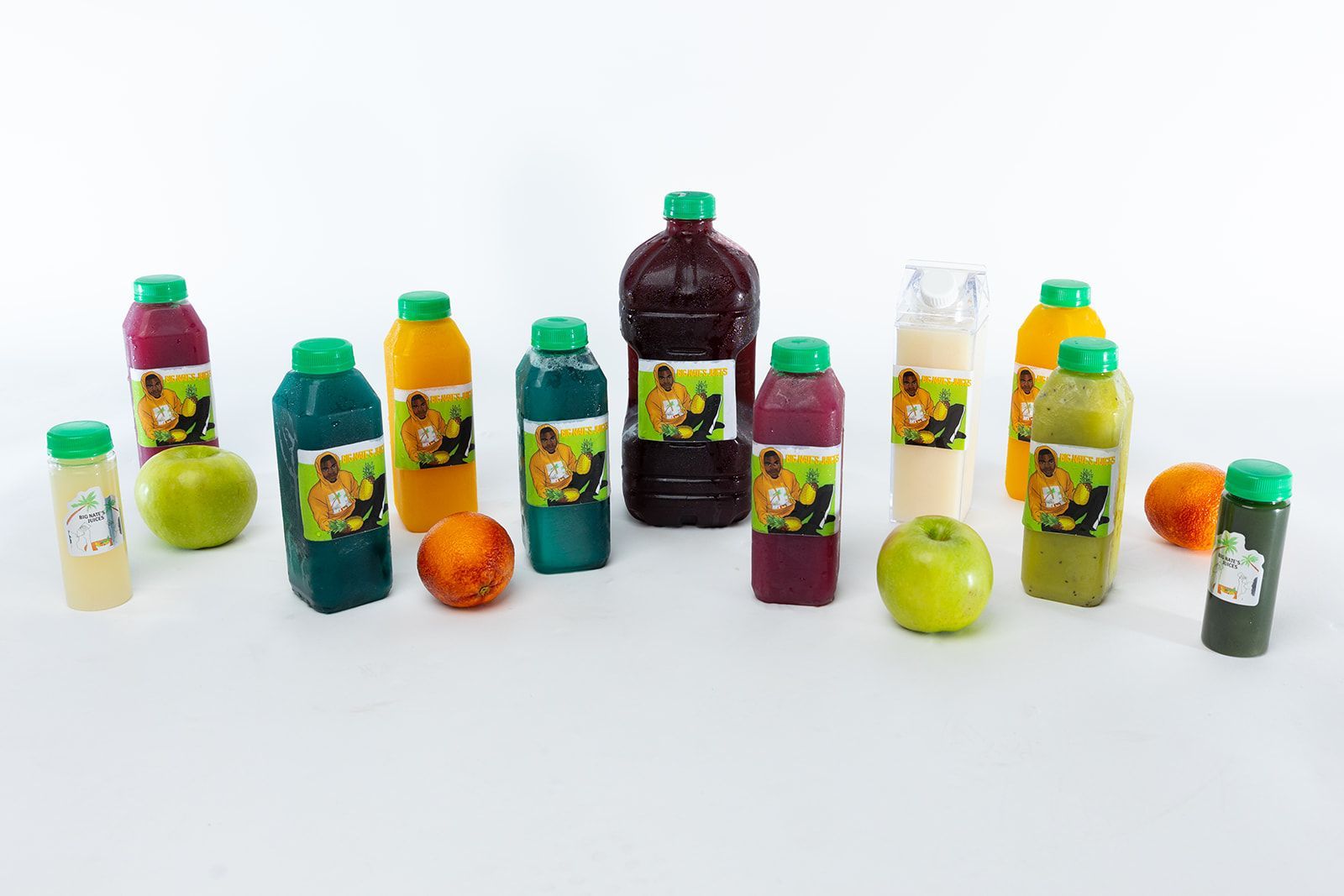 Colorful photo of Big Nates products, including pressed juices, organic smoothies, fruit and immunity shots.