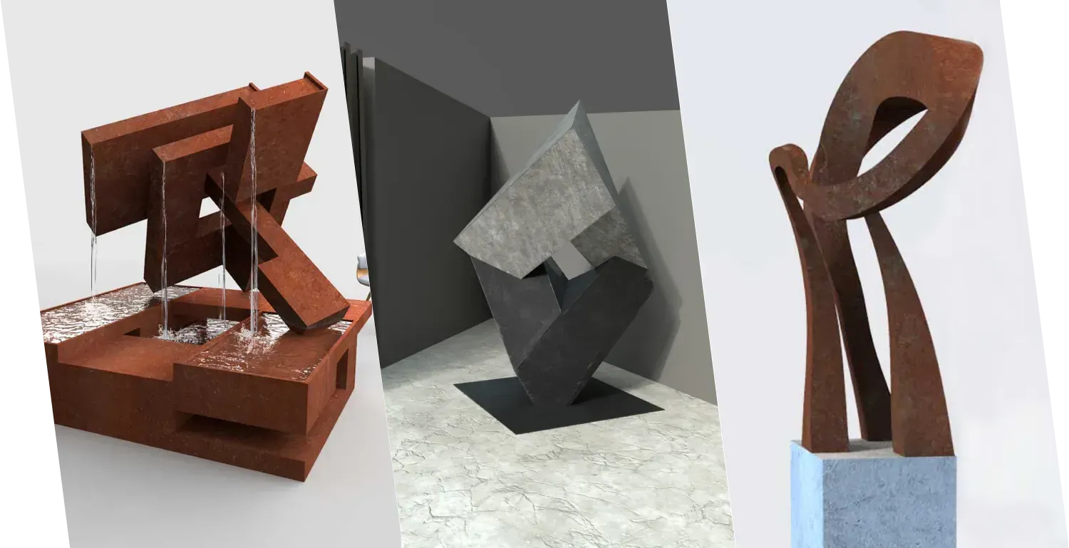 Modelos de muestra Proceso de creación de escultura personalizada, representacion del diseño de la obra.