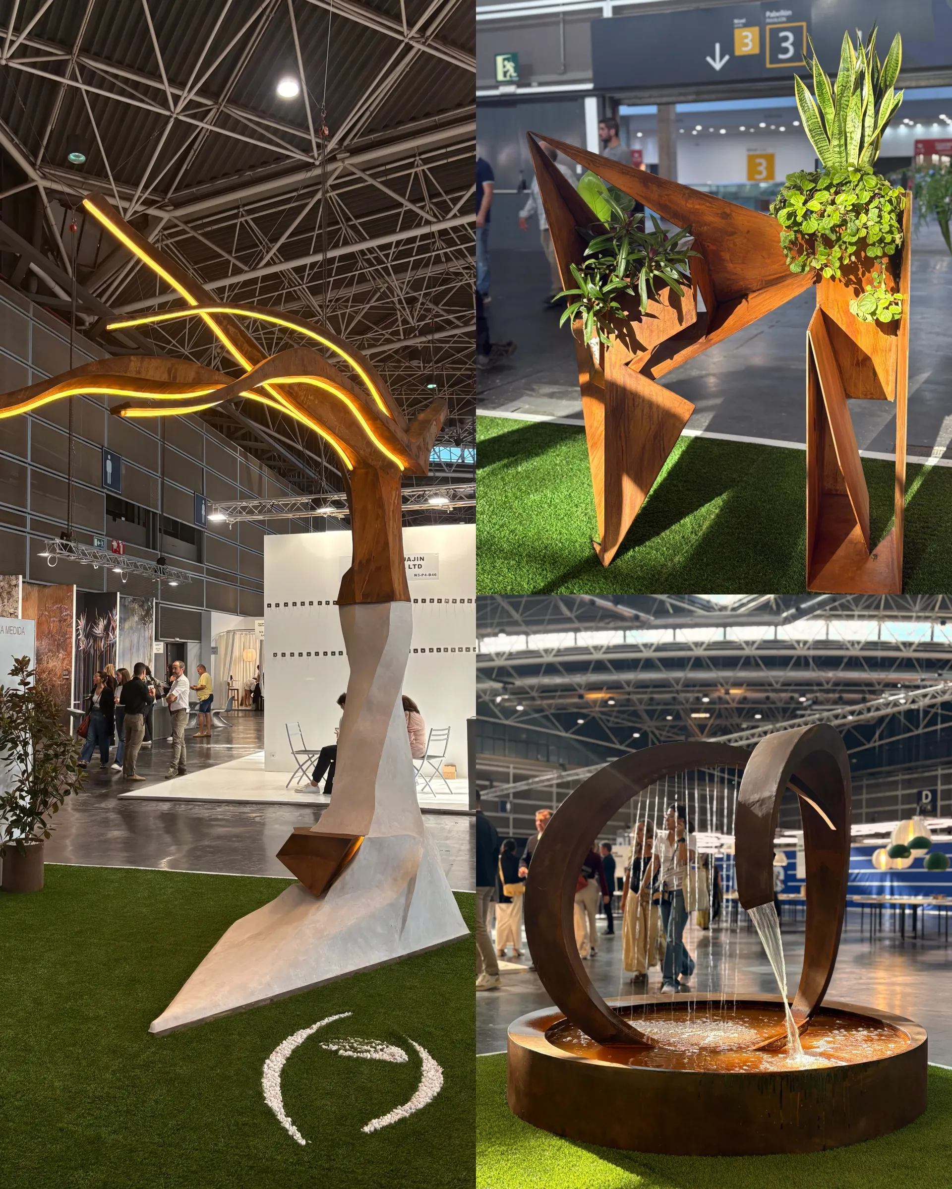 Lenguajes distintos, una misma propuesta a medida. Contraste entre árbol de líneas orgánicas y jardinera geométrica.