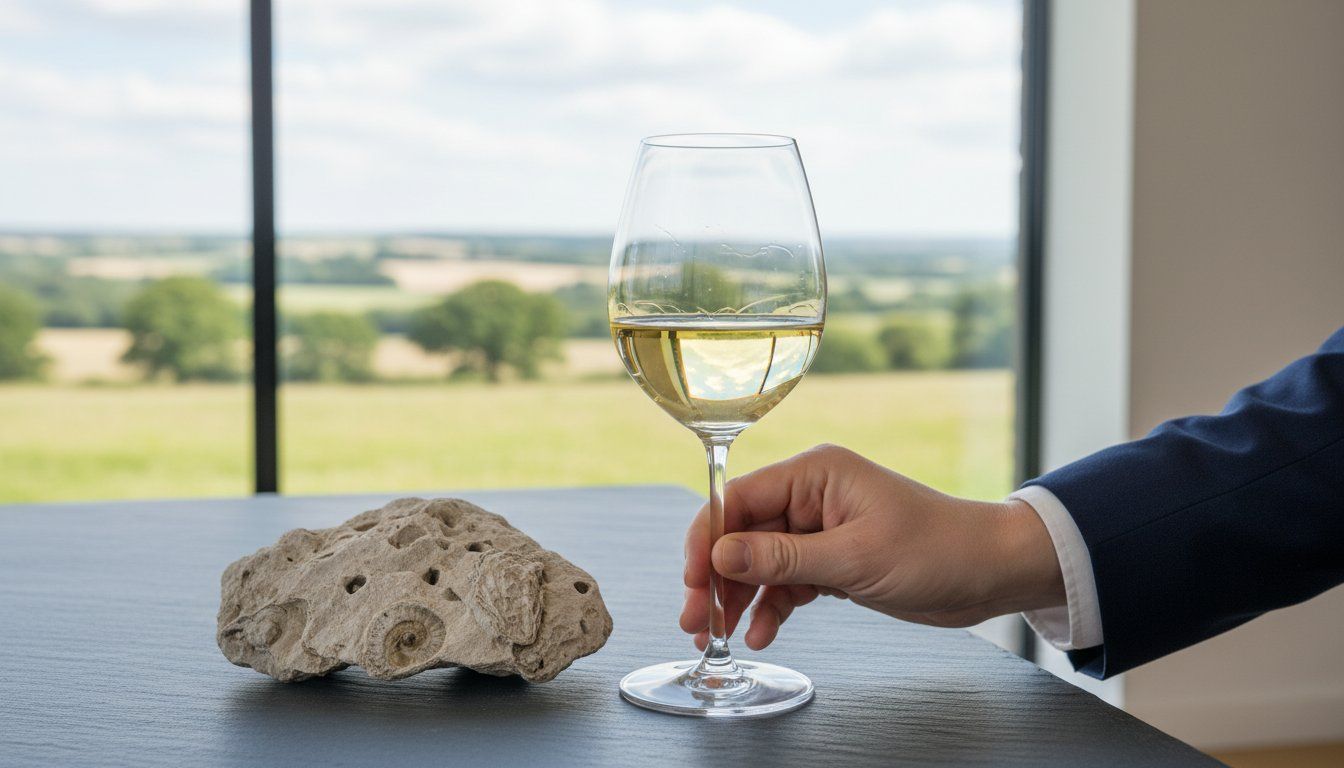 a panoramic view overlooking the Chablis countryide from within a winery giving a sense of being...