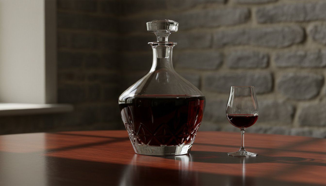 Image showing a gorgous Port decanter and filed glass on a polished table