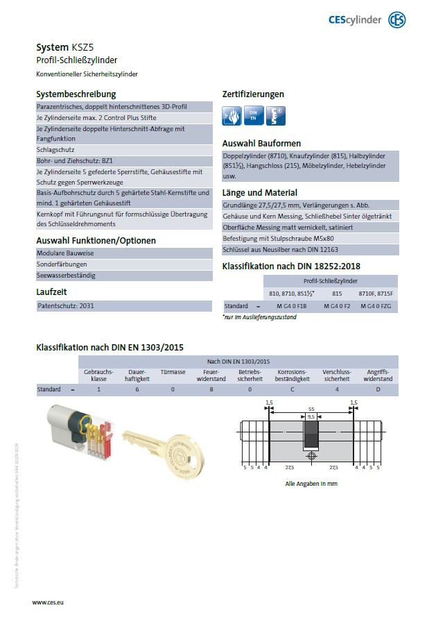 CES Sicherheitszylinder KSZ Datenblatt CES Sicherheitszylinder KSZ Datenblatt