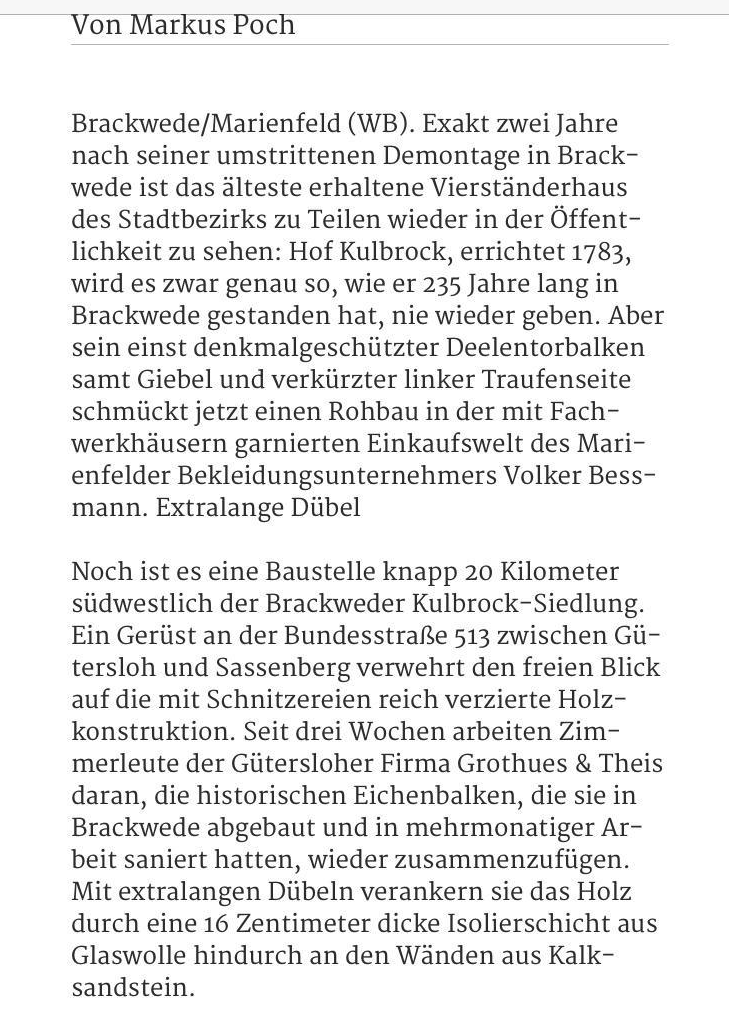 Zeitungsartikel über die Demanotage des Fachwerkhofs Kuhlbrock