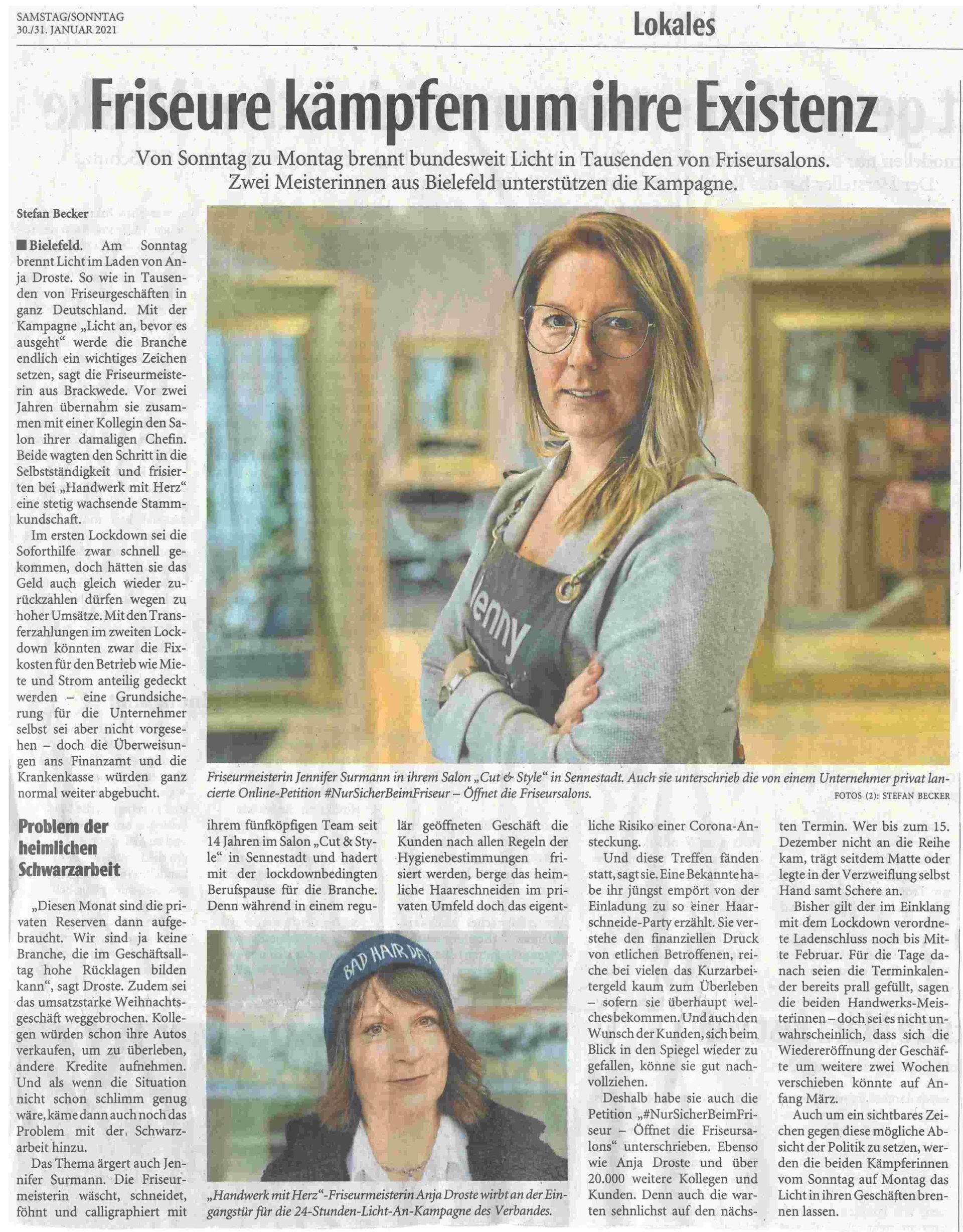 Zeitungsartikel „Friseure kämpfen um ihre Existenz“ über den Salon Cut and Style Hairdesign.