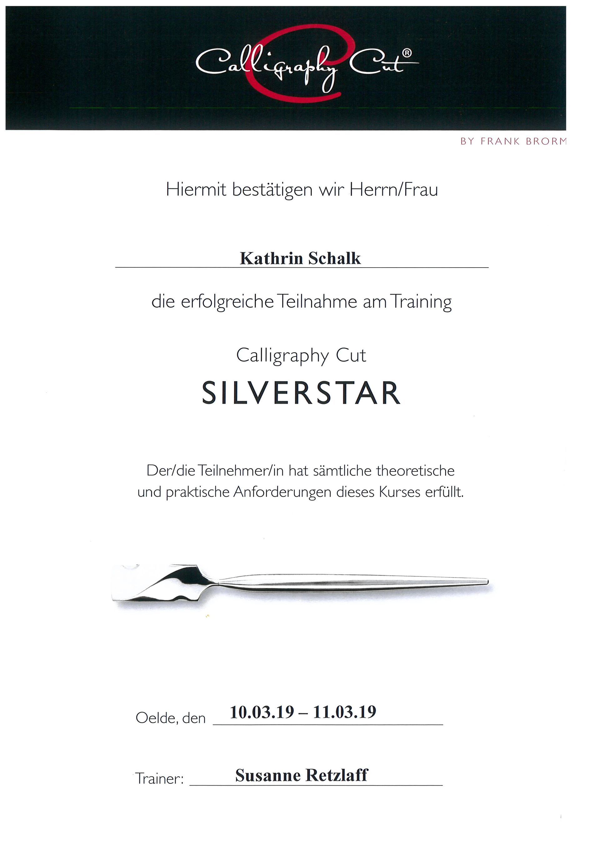Calligraphy Cut Silver Star Zertifikat für Kathrin – abgeschlossene theoretische und praktische Ausbildung