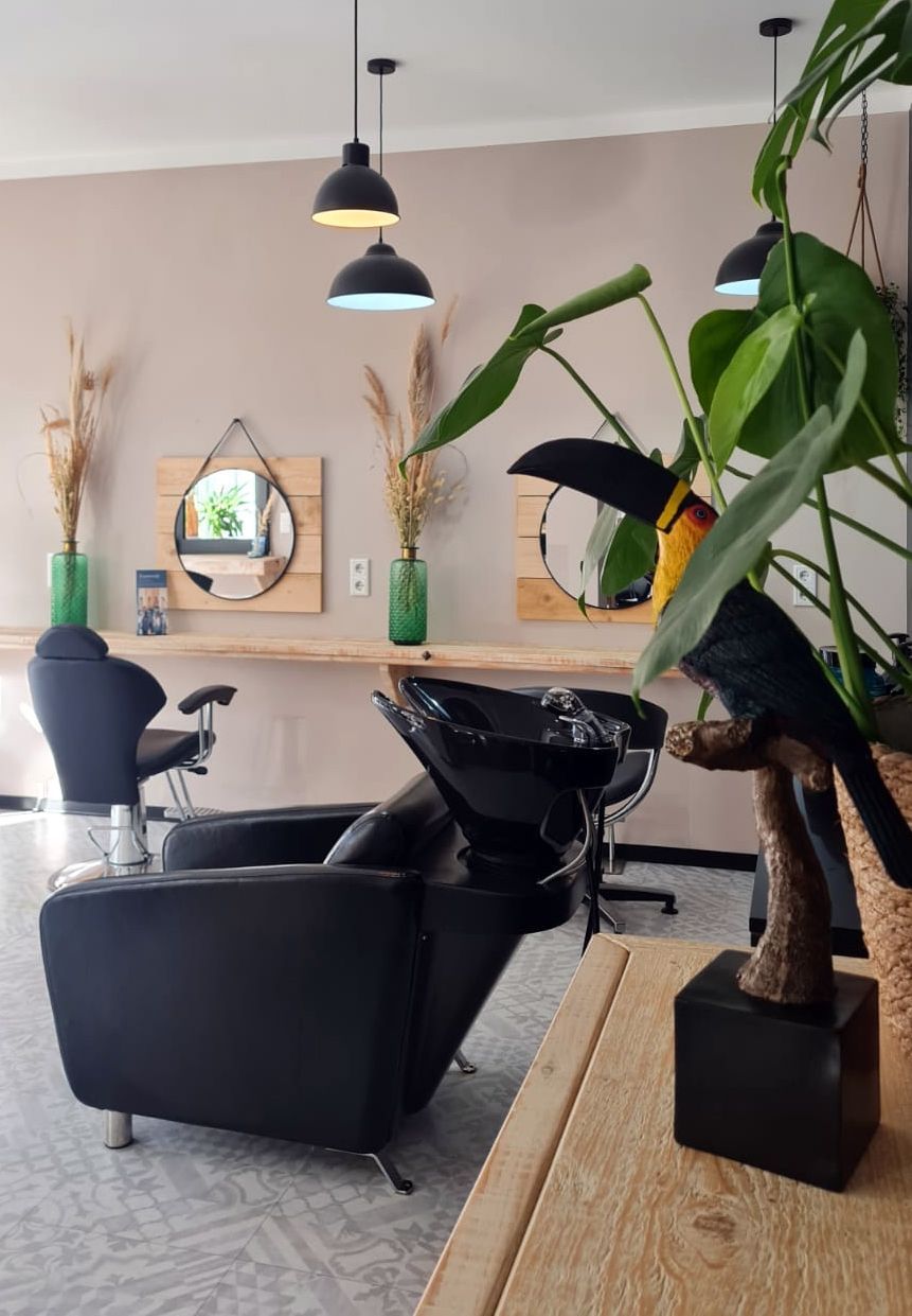 Moderner Waschplatz mit Spiegeln und Pflanzen im Friseursalon Cut and Style in Bielefeld