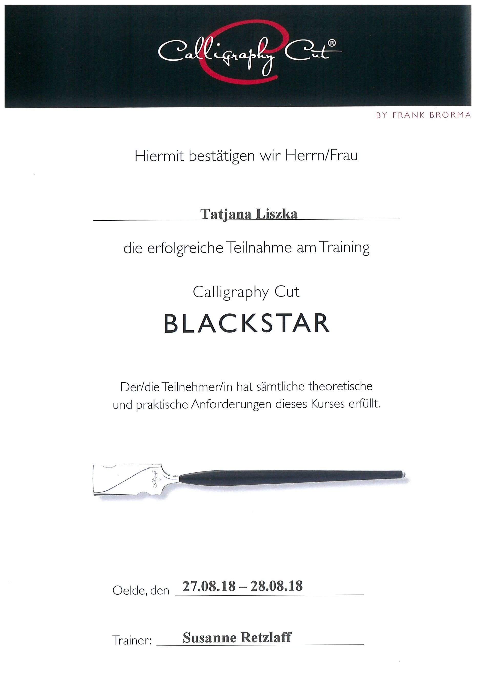 Calligraphy Cut Black Star Zertifikat für Tatjana – qualifizierte Weiterbildung im Calligraphy Cut
