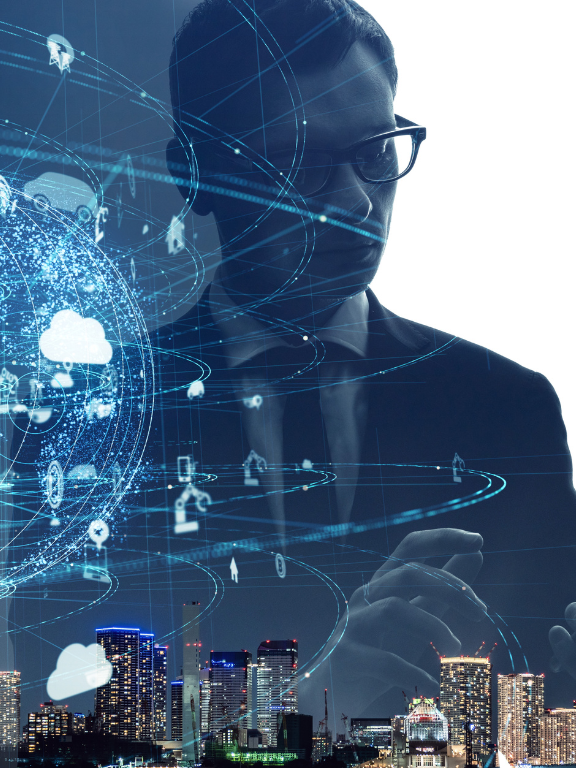 Digital solutions team working on innovative technology projects, showcasing AI and software development on multiple screens