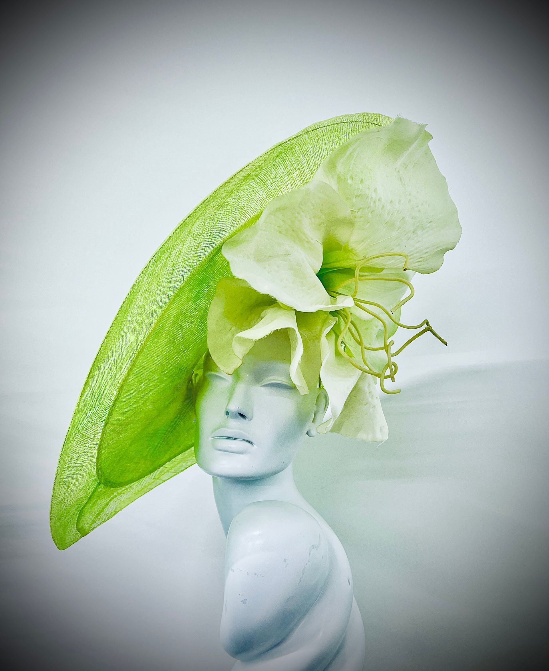 Large Lime Florescent Hat with giant ivory flower
