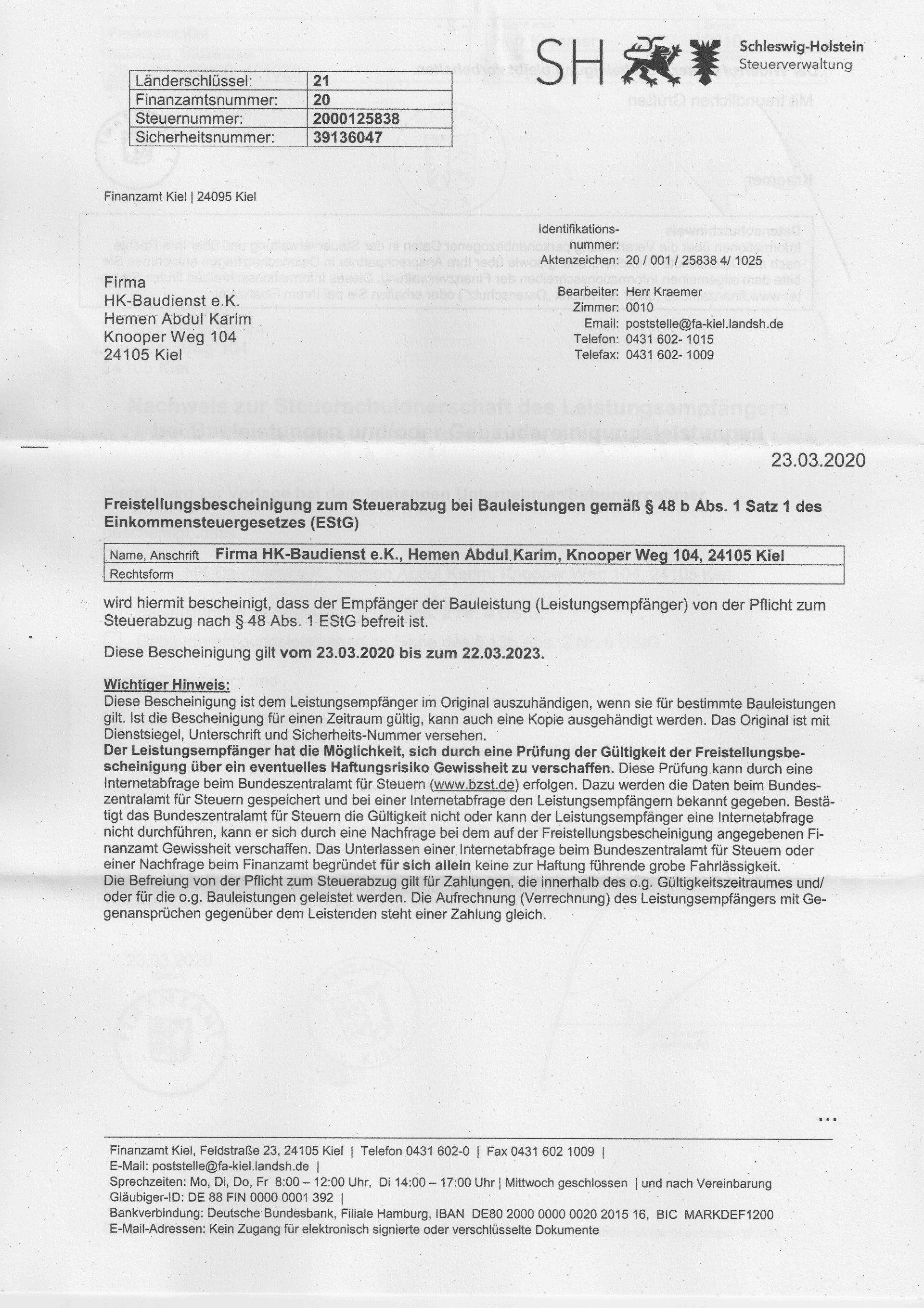 Freistellungsbescheinigung nach Paragraf 48b EStG