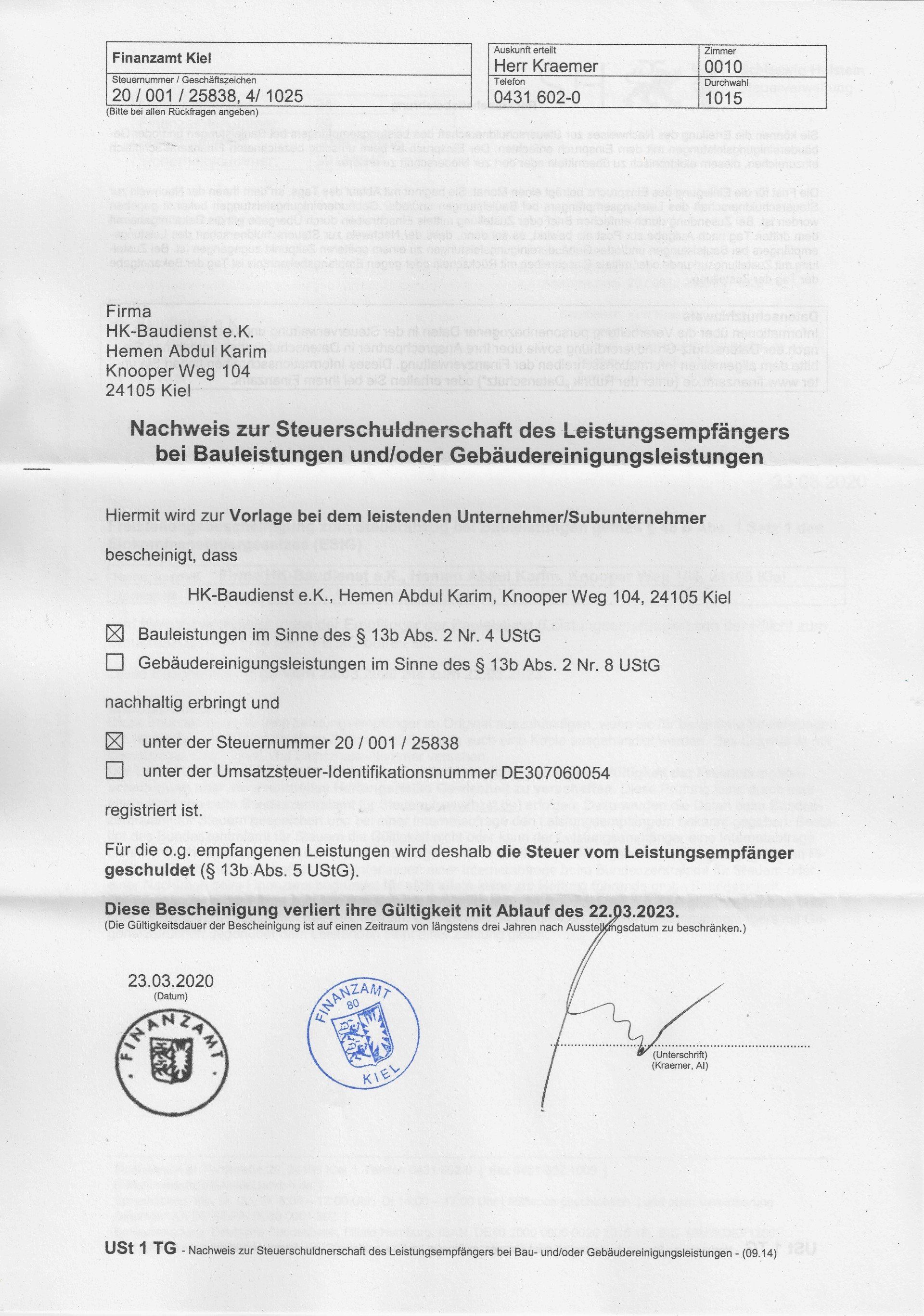 Freistellungsbescheinigung; Bescheinigung nach § 13b Abs. 5 S. 2 UStG