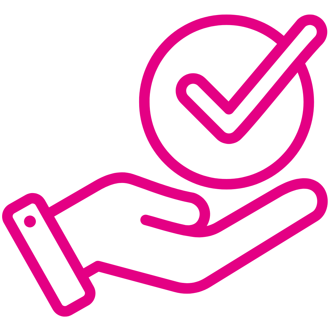 Der Umriss einer Hand, über deren Handfläche ein Häkchen abgebildet ist.