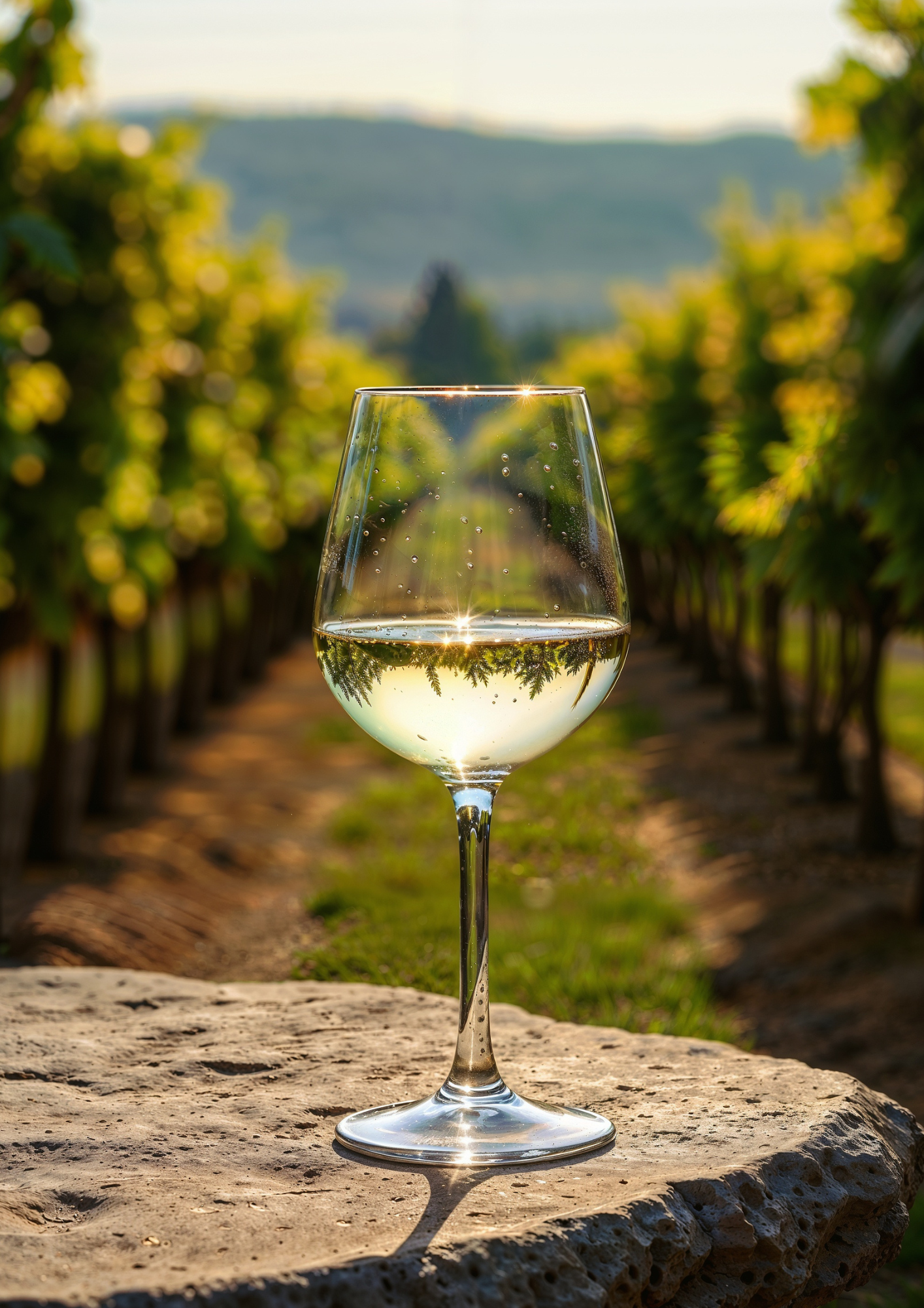 Ein Weinglas auf einem Stein, im Hintergrund ein Weinberg