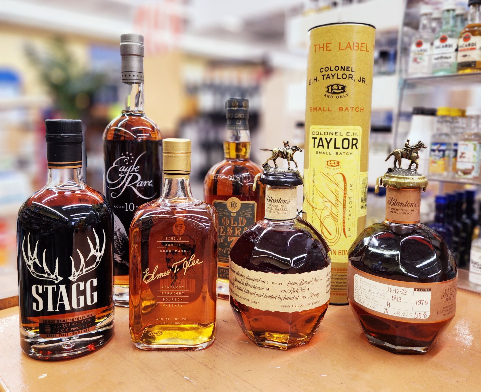 Allocated Bourbons Stagg Jr, Elmer T. Lee, Blanton Straight From The Barrel, Blanton Original, Eagle Rare, E H Taylor Small Batch, Ezra Brooks Old Ezra 7 Yr Rye Full Proof