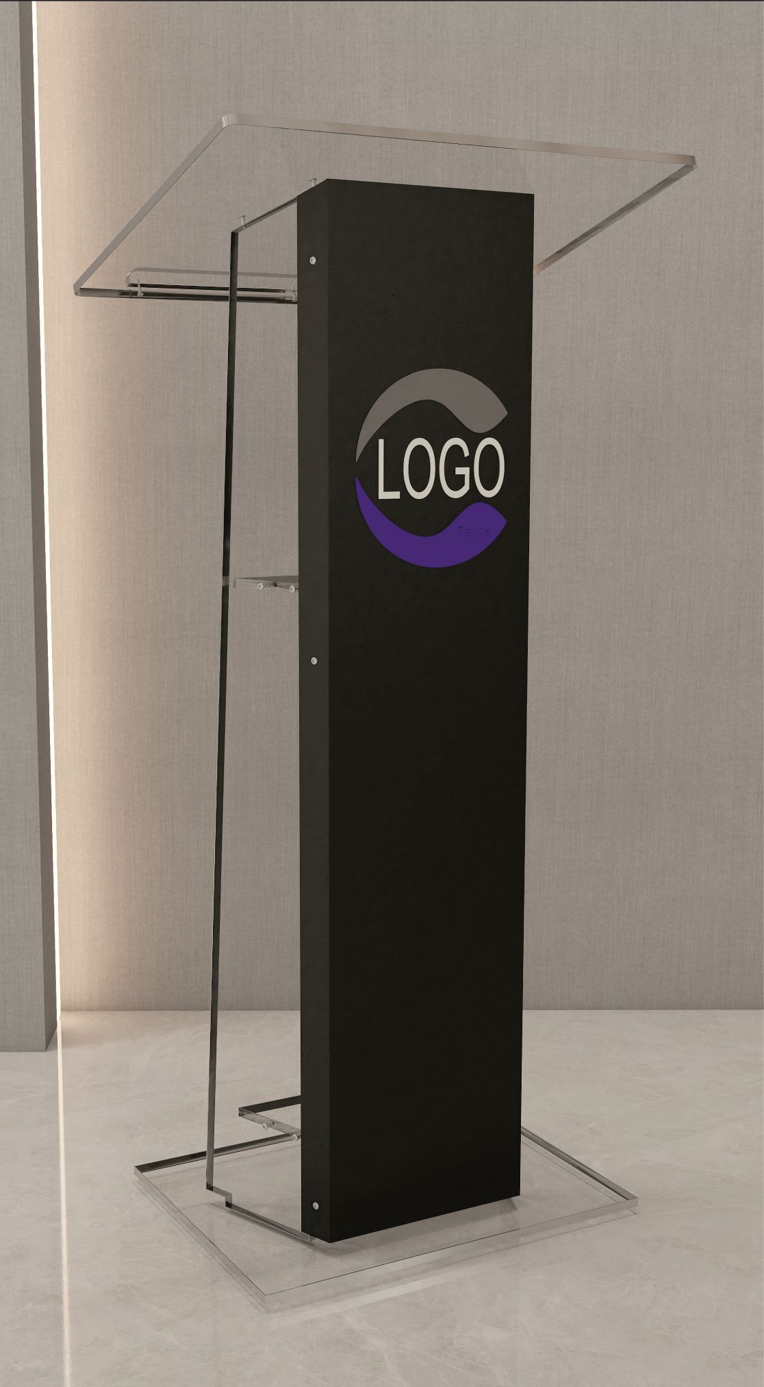 Atril metacrilato AT 02: modelo de diseño curvo elegante con frontal personalizable para eventos corporativos