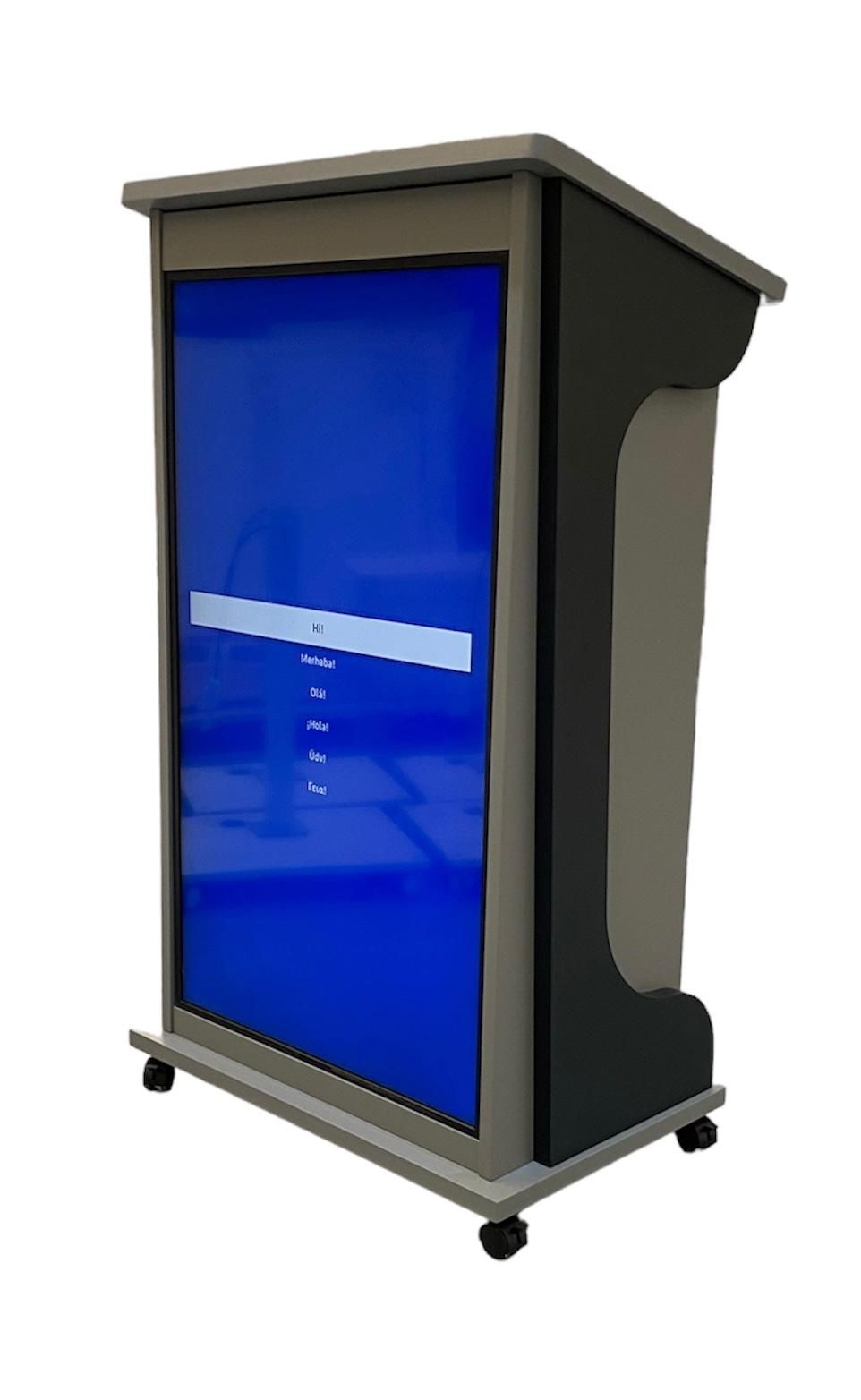 Atril para pantalla RSM 03 con base de ruedas para fácil transporte y monitor de señalética digital