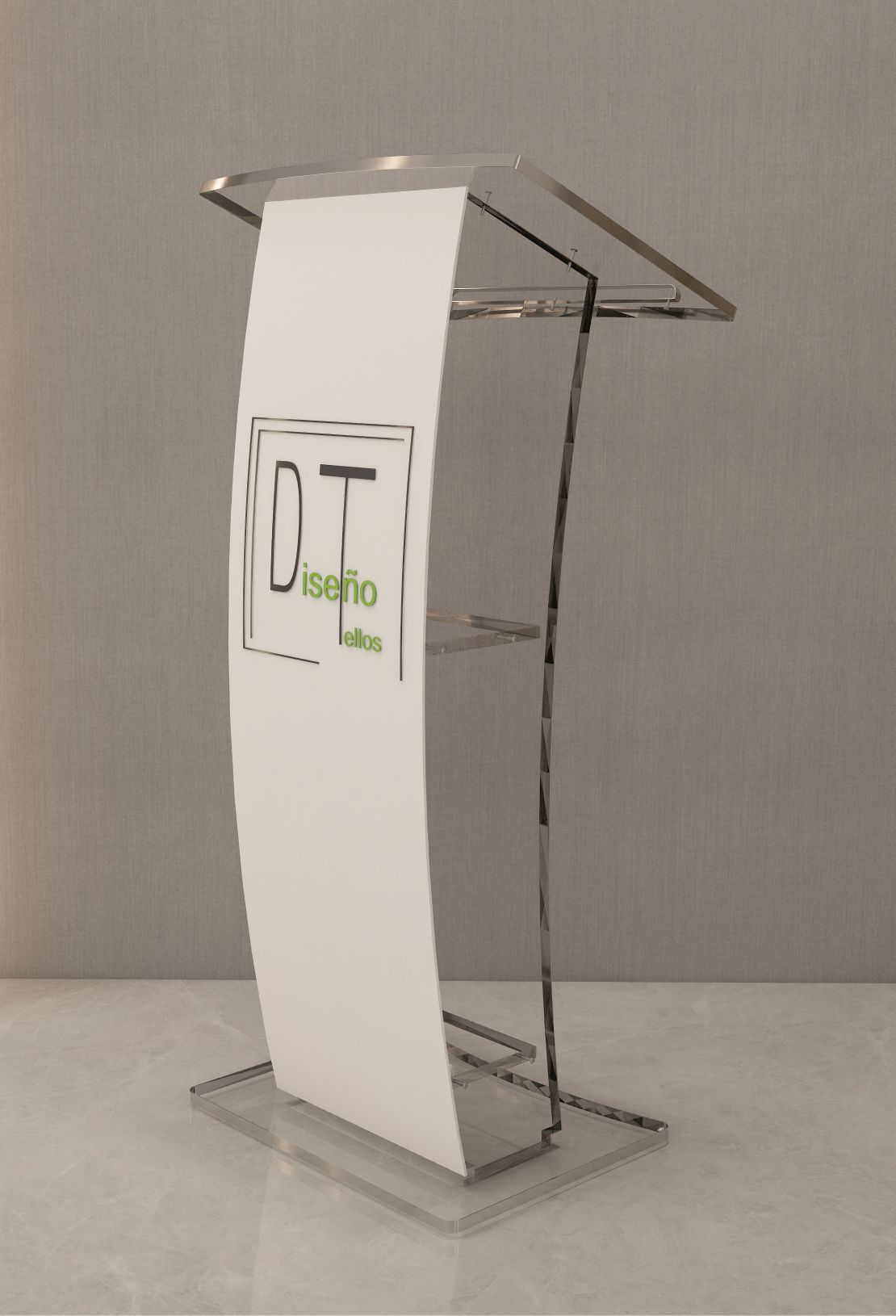 Atril metacrilato curvo modelo AR03 para conferencias y eventos profesionales.