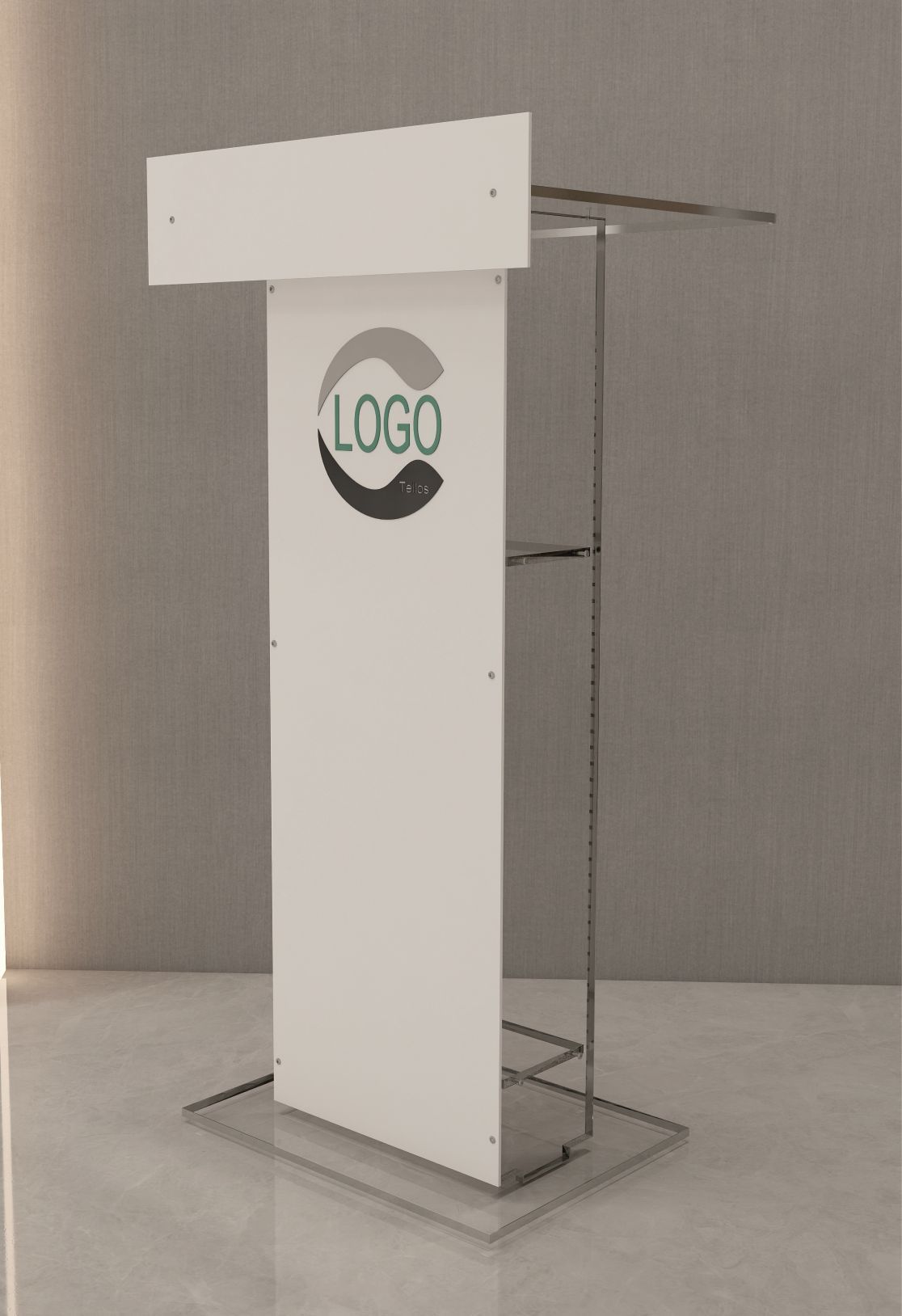 Atril metacrilato AT 03: modelo elegante con frontal blanco opal y diseño minimalista para eventos