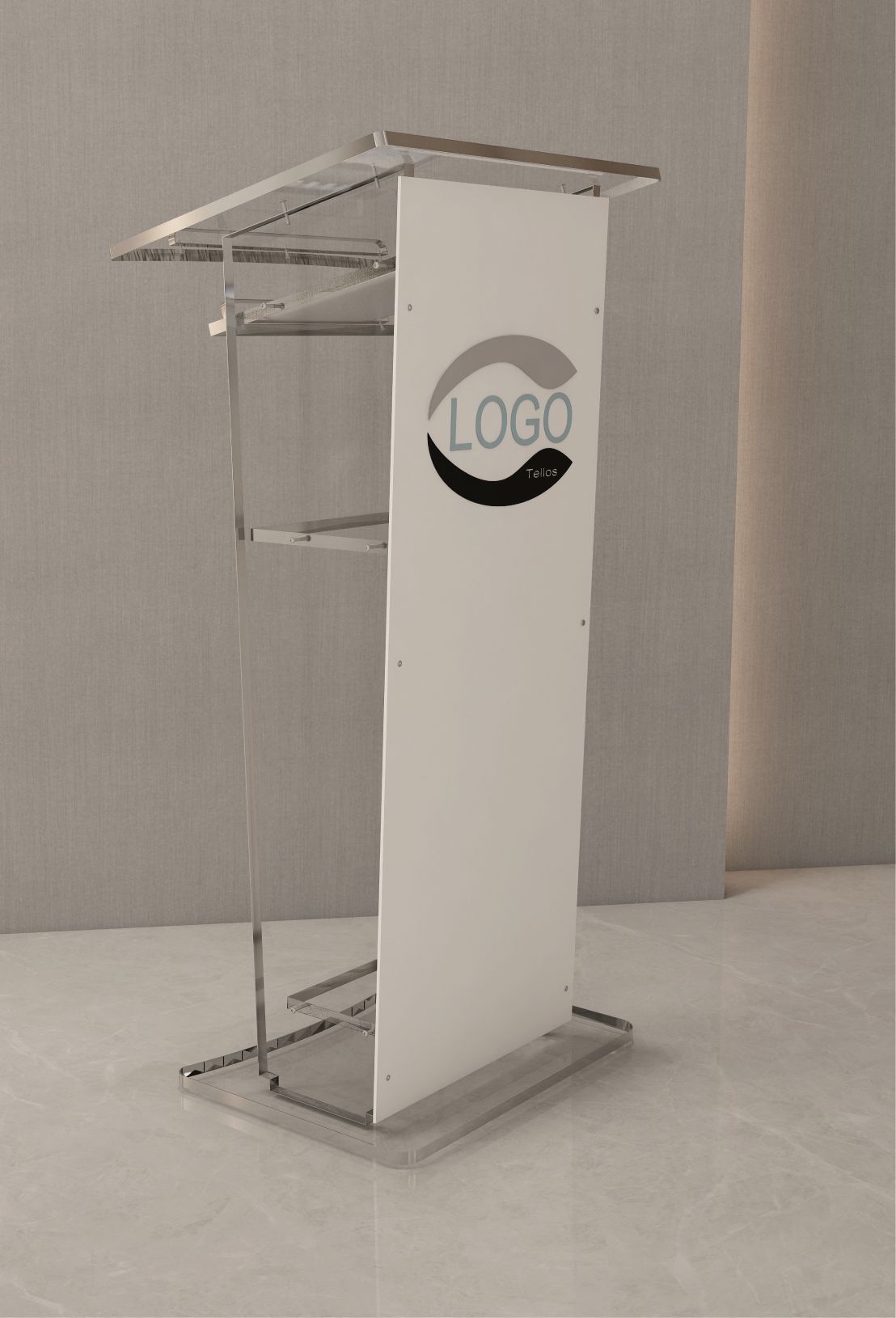 Atril de metacrilato transparente modelo AR02B con bandeja para tablet y estante intermedio para conferencias