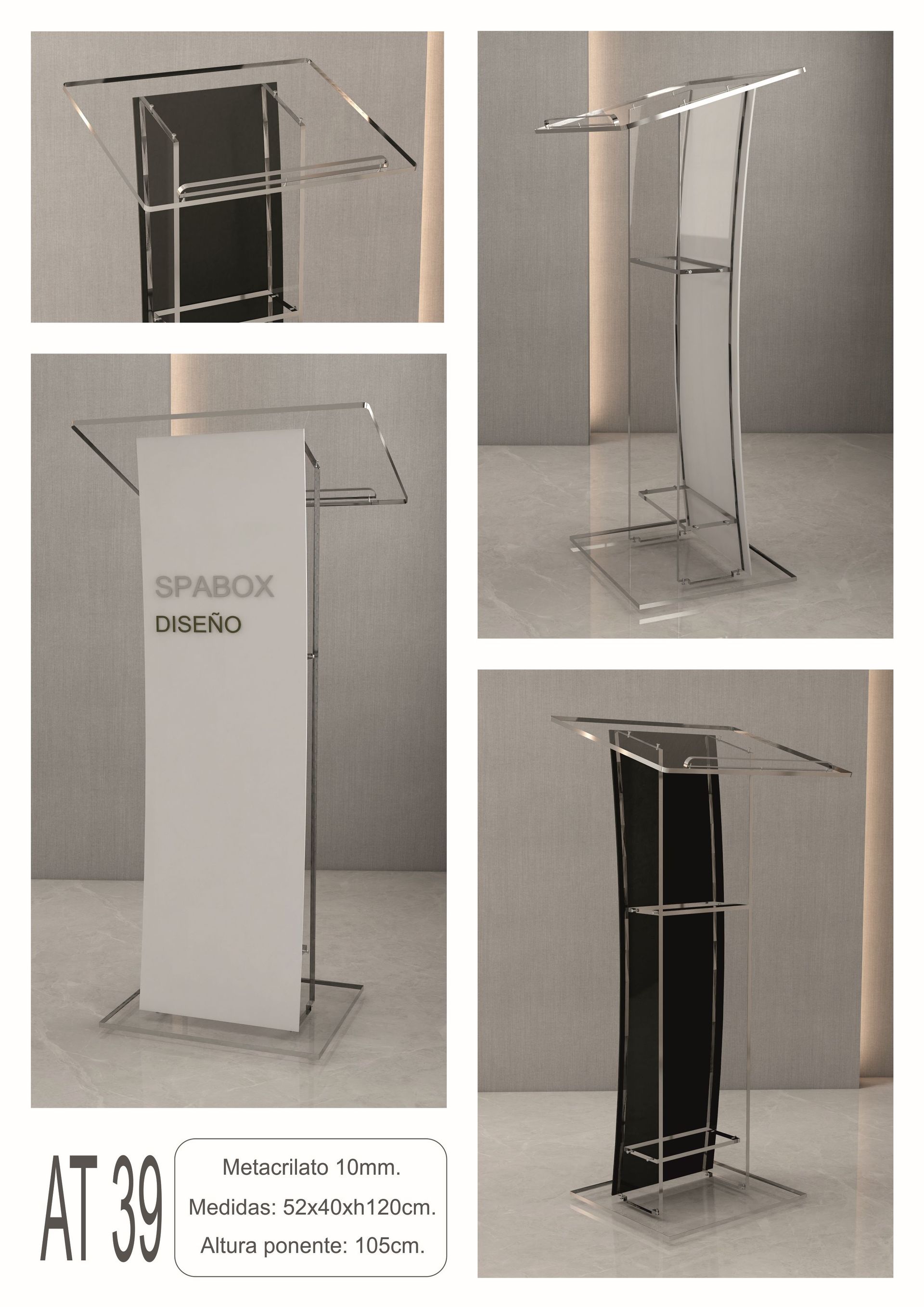 Atril de metacrilato efecto cristal modelo AT39 con diseño minimalista para eventos corporativos