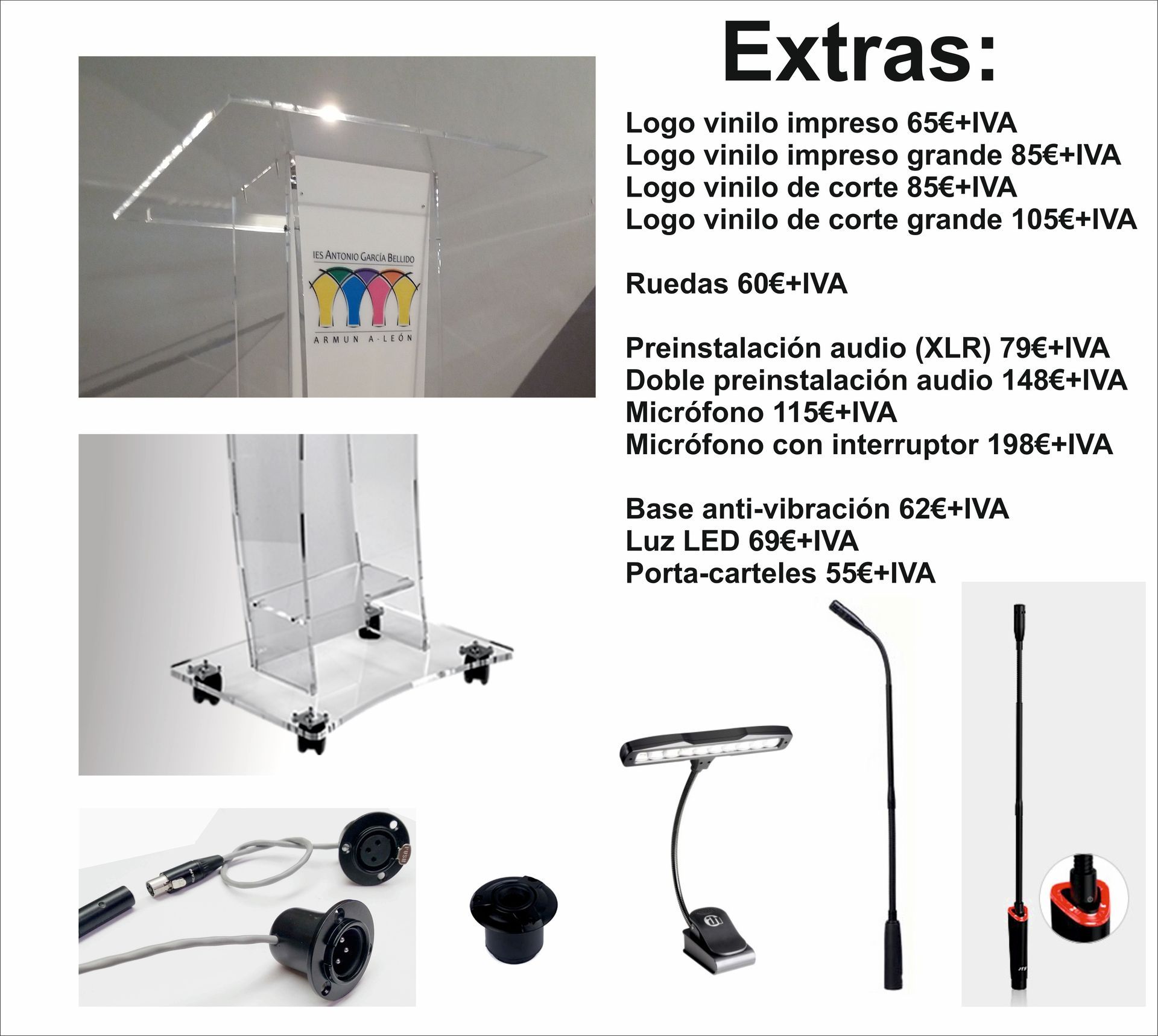 Accesorios para atriles: audio XLR, iluminación LED, ruedas y logos personalizados